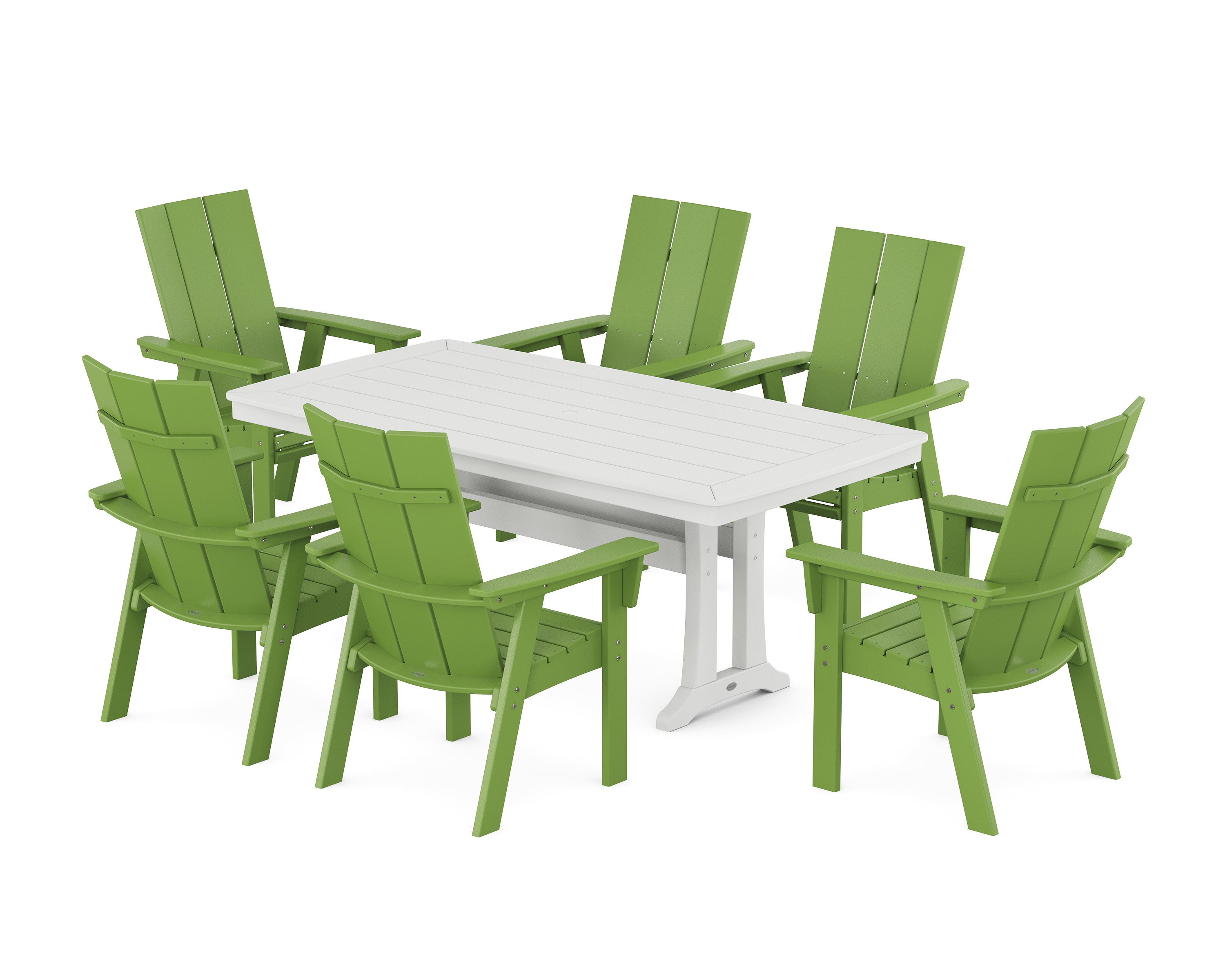 POLYWOOD Modern Curveback Adirondack 7-Piece Dining Set with Trestle Legs in Lime / White