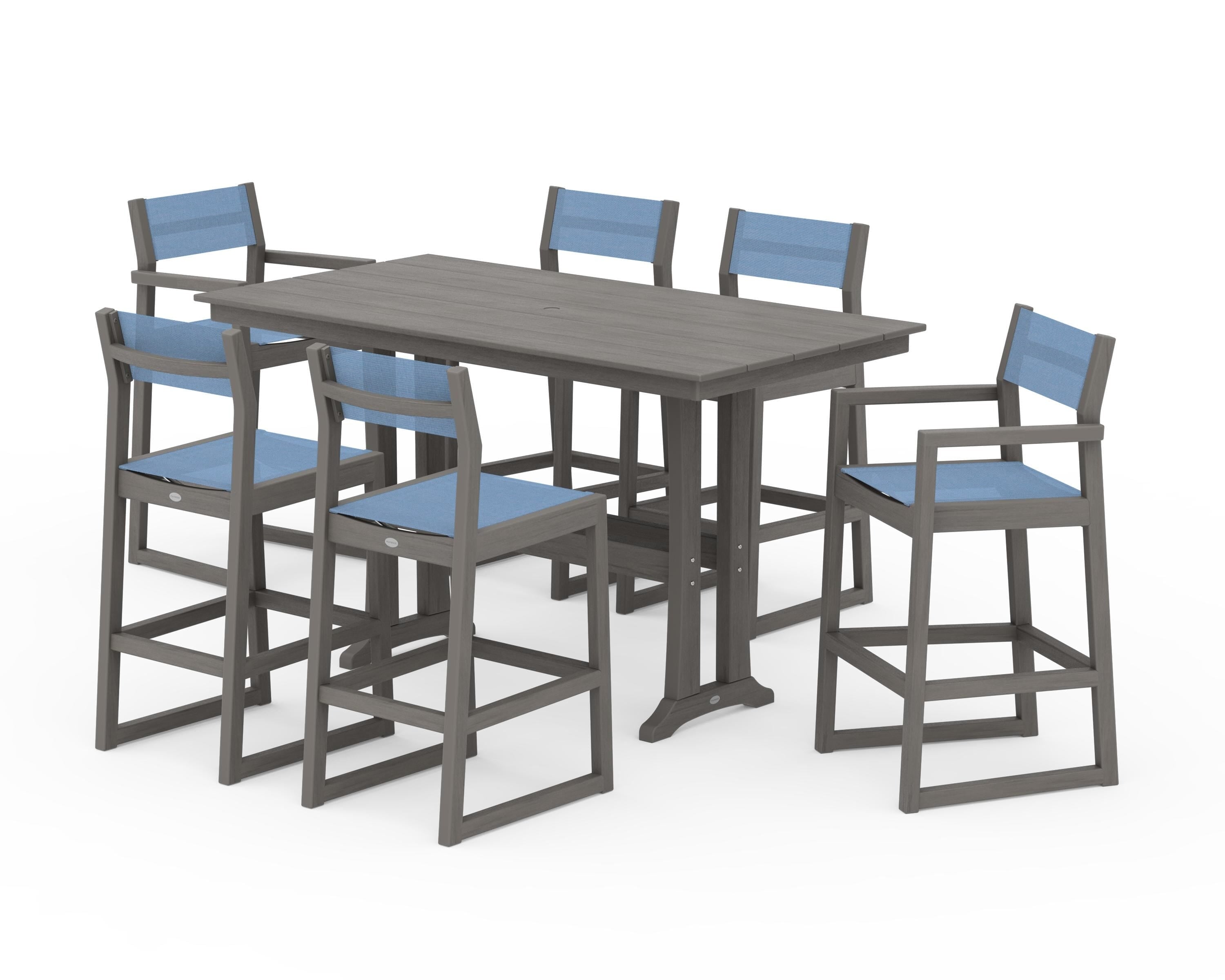 POLYWOOD EDGE Sling 7-Piece Farmhouse Bar Set with Trestle Legs in Driftwood / Poolside Sling