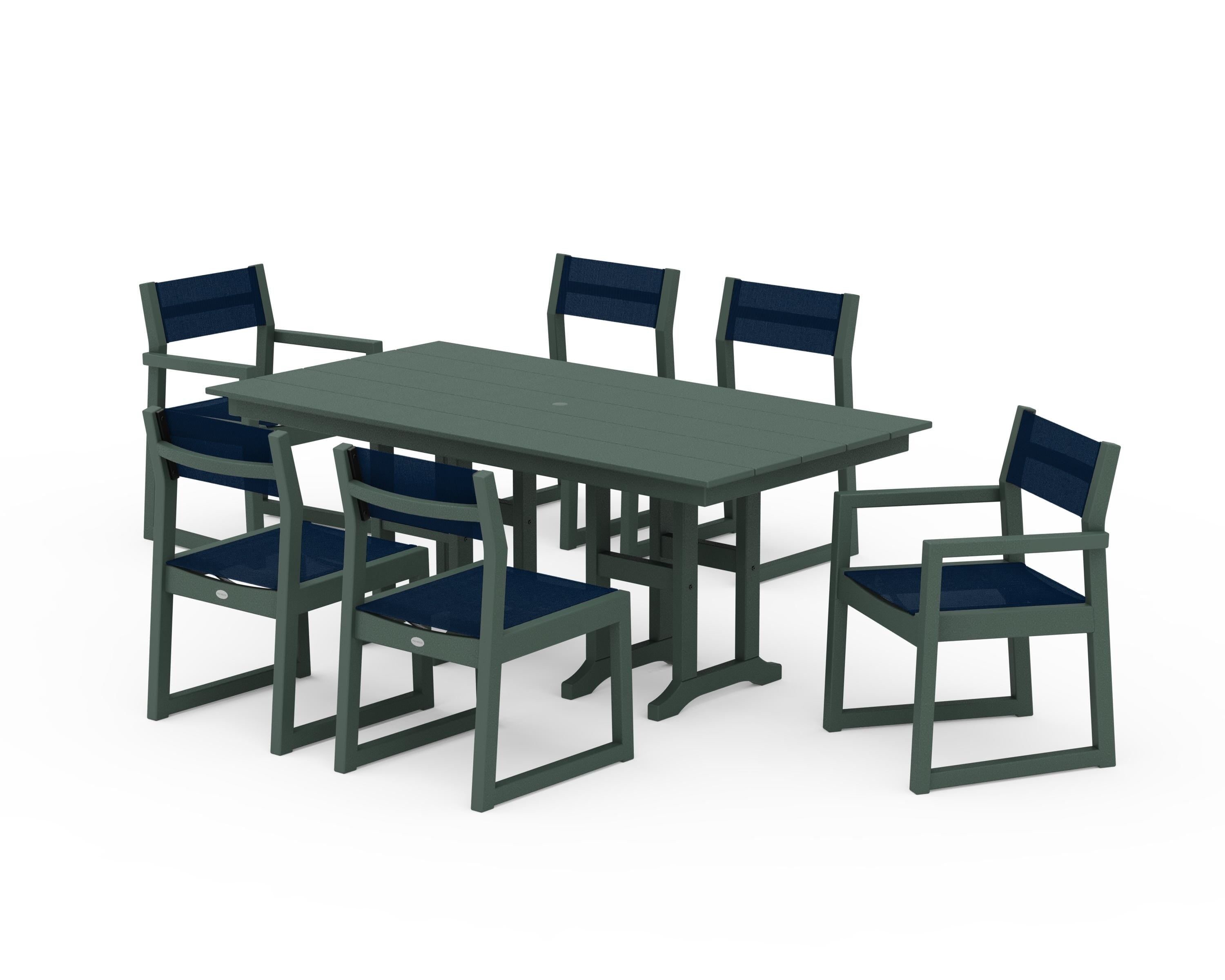 POLYWOOD EDGE Sling 7-Piece Farmhouse Dining Set in Green / Navy Blue Sling