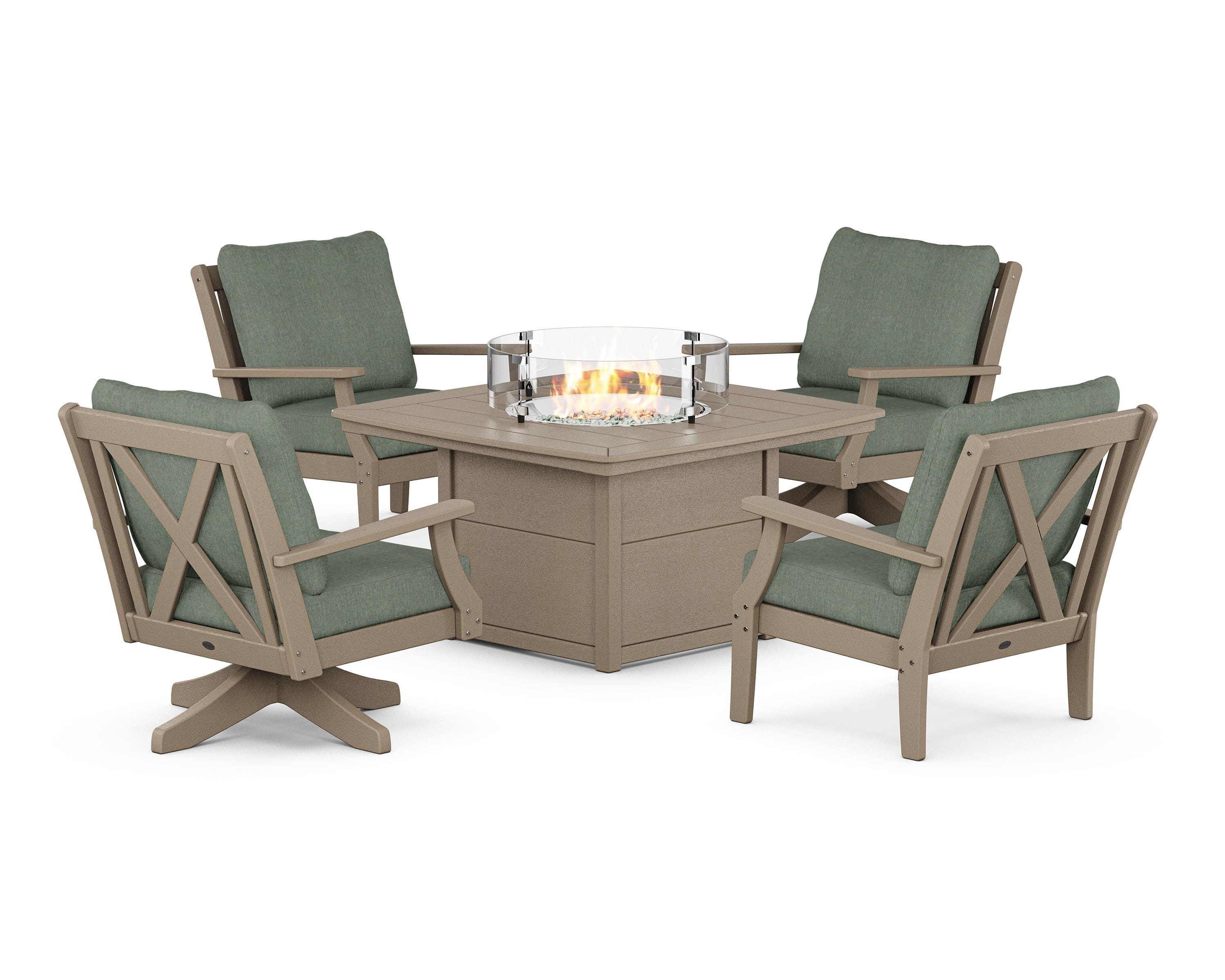 POLYWOOD Braxton 5-Piece Deep Seating Set with Fire Table in Vintage Sahara / Cast Sage