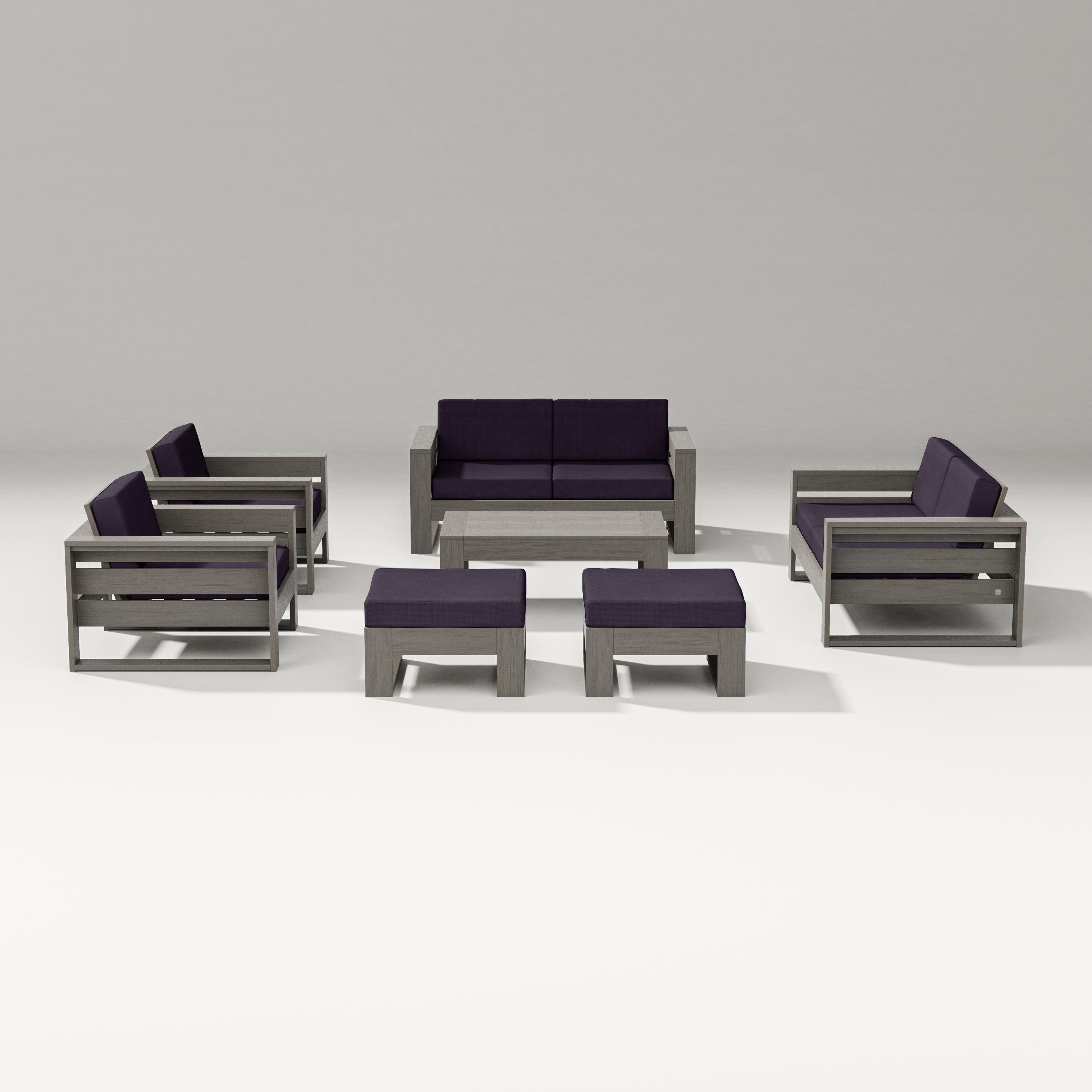 PW Designer Series Latitude 7-Piece Lounge Loveseat Set in Driftwood / Navy Linen
