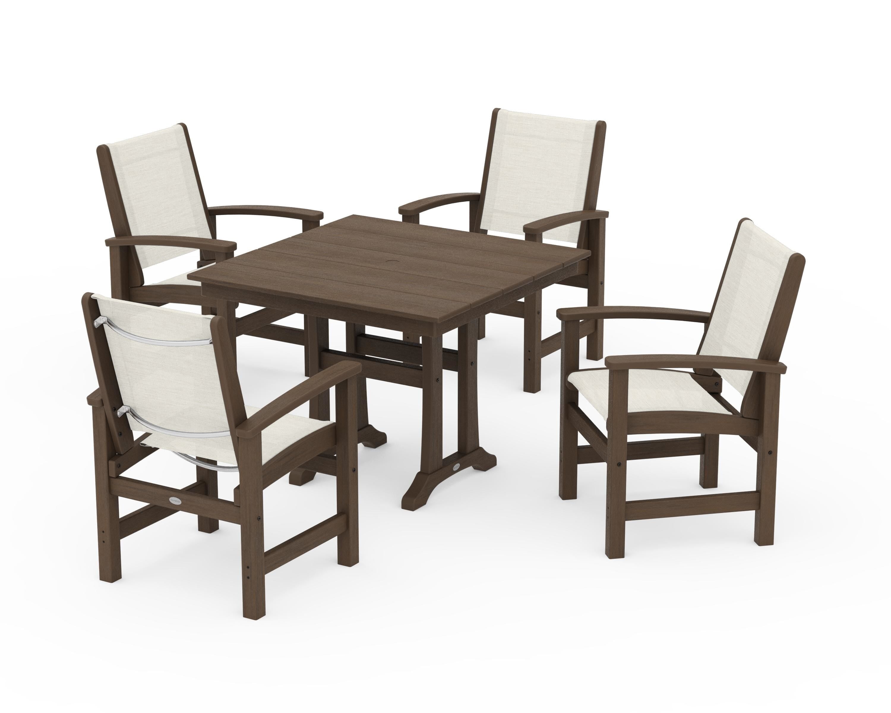 POLYWOOD Coastal 5-Piece Farmhouse Dining Set With Trestle Legs in Kona / Parchment Sling