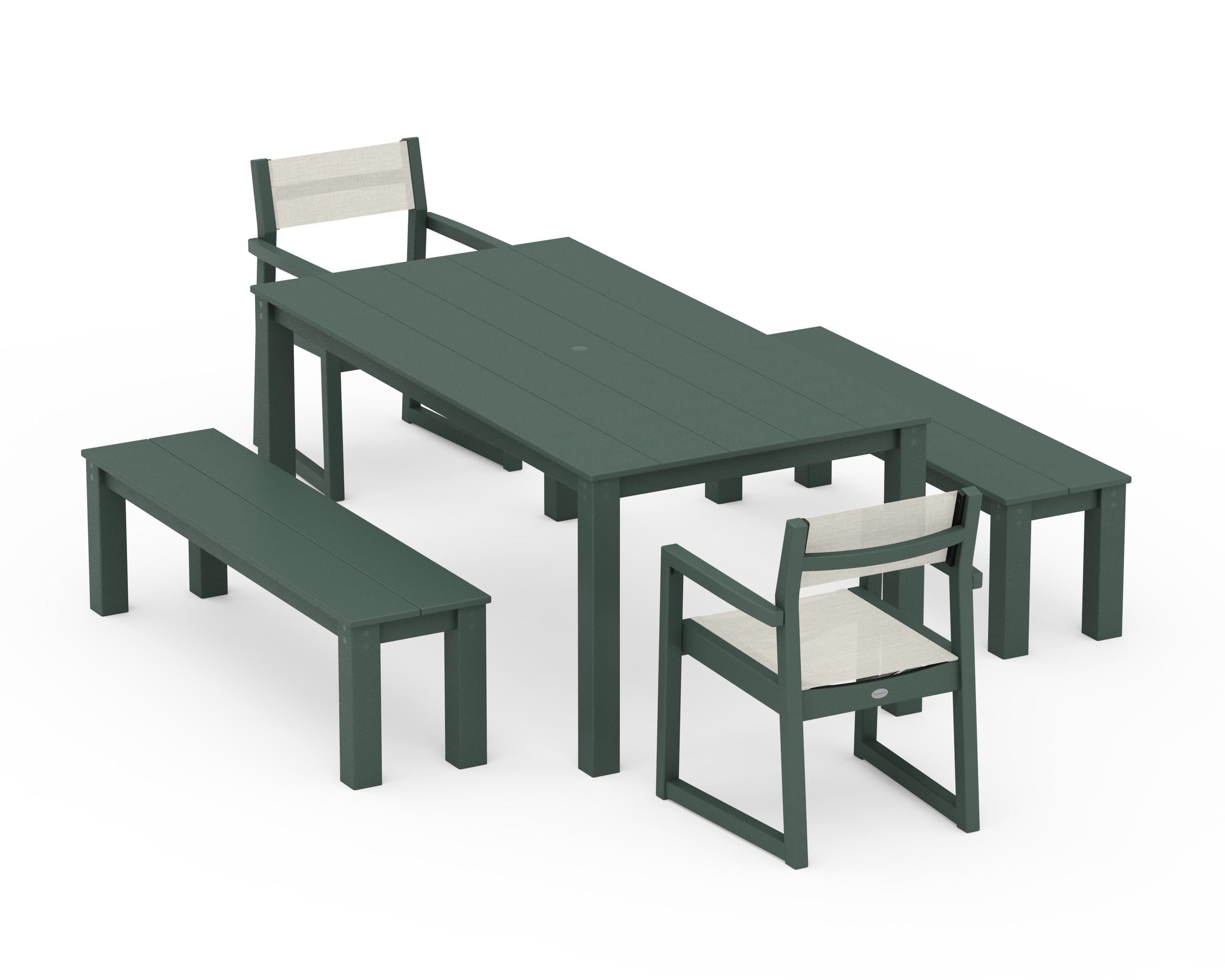 POLYWOOD EDGE Sling Arm Chair 5-Piece Parsons Dining Set with Benches in Green / Parchment Sling