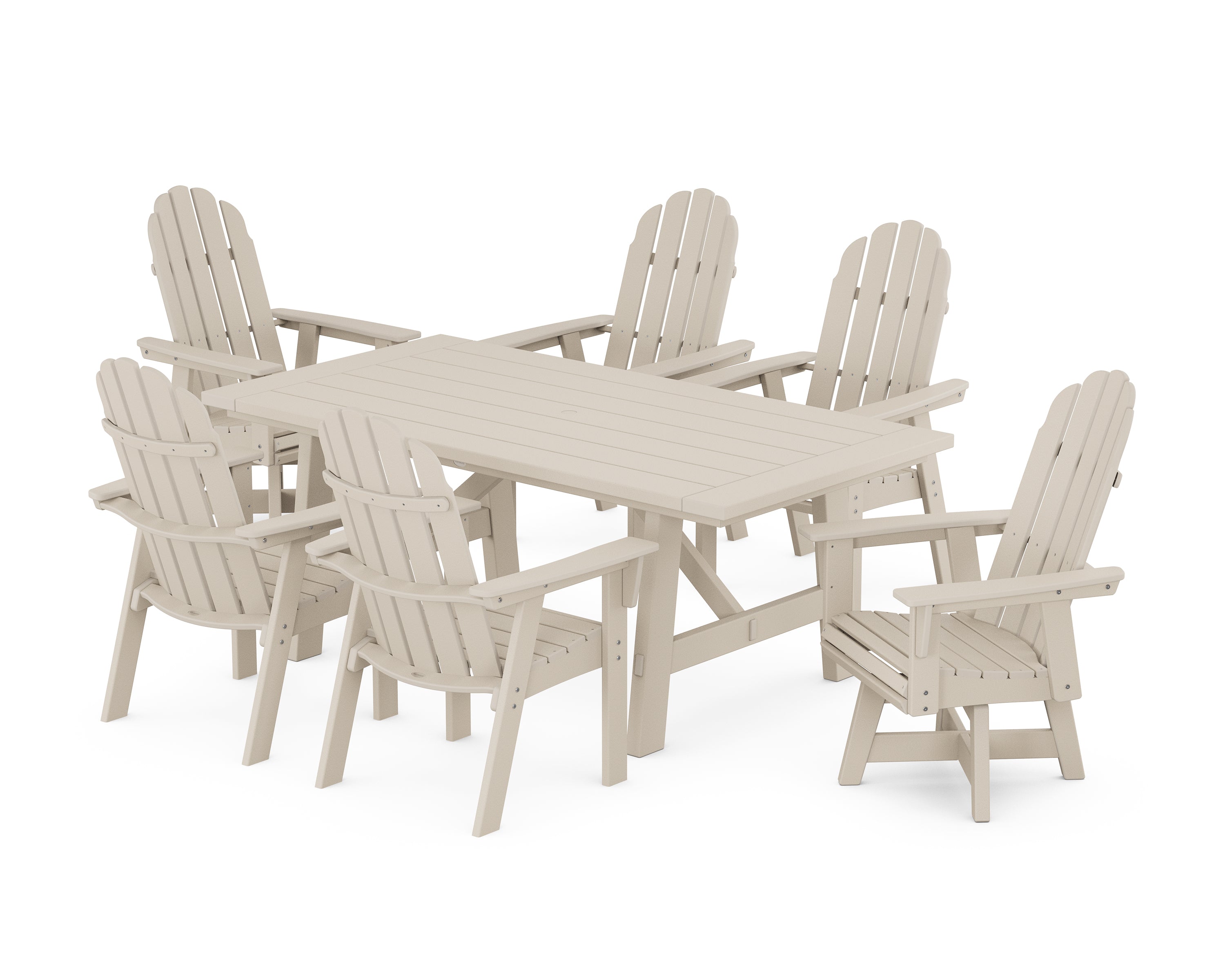 POLYWOOD® Vineyard Curveback Adirondack Swivel Chair 7-Piece Rustic Farmhouse Dining Set in Sand