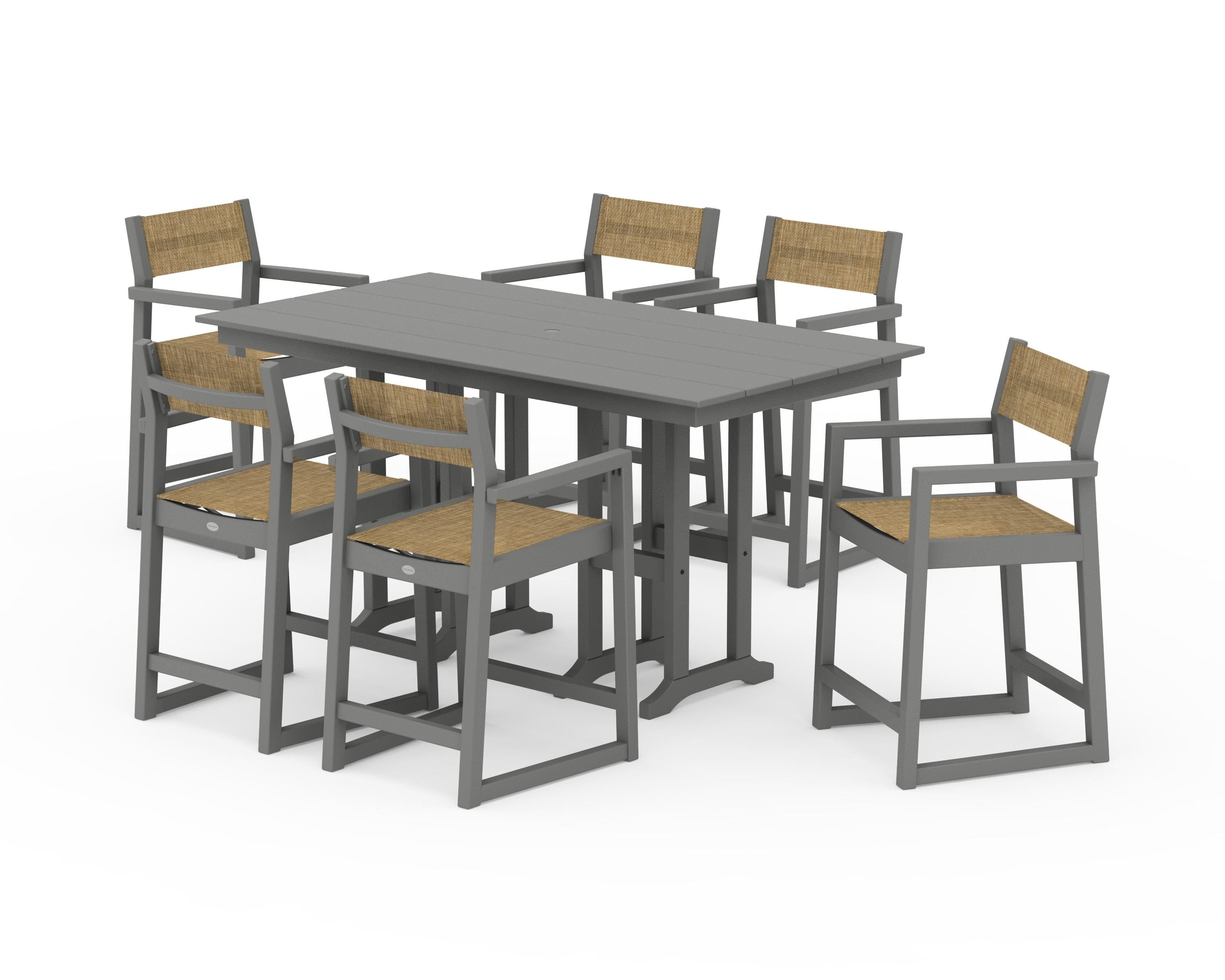 POLYWOOD EDGE Sling Arm Chair 7-Piece Farmhouse Counter Set in Slate Grey / Burlap Sling