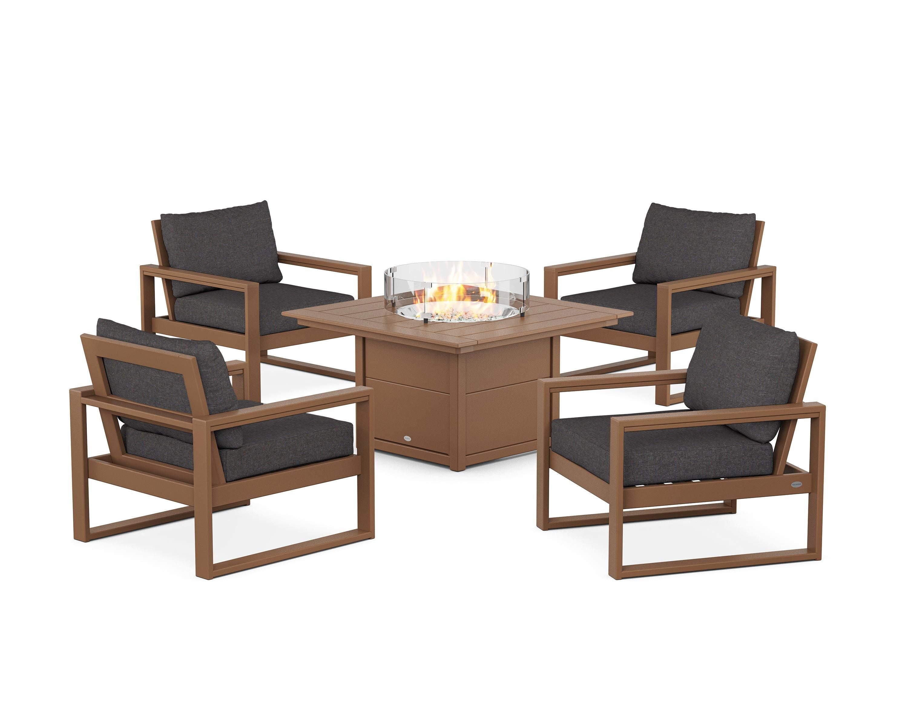POLYWOOD EDGE Sectional 5-Piece Deep Seating Set with Fire Pit Table in Teak / Ash Charcoal