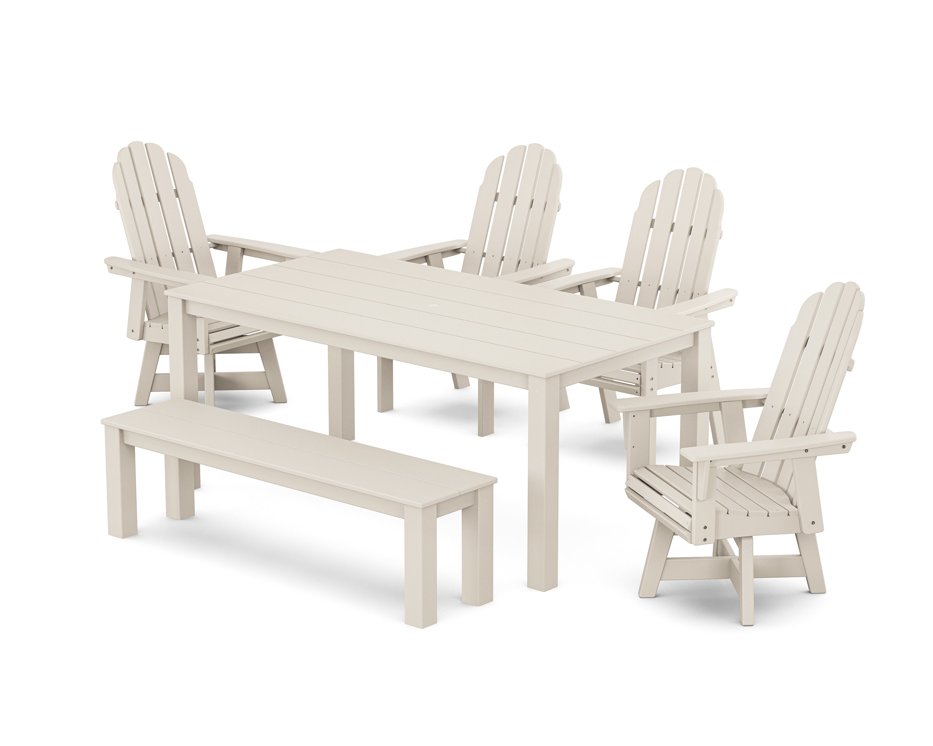 POLYWOOD® Vineyard Curveback Adirondack 6-Piece Parsons Swivel Dining Set with Bench in Sand