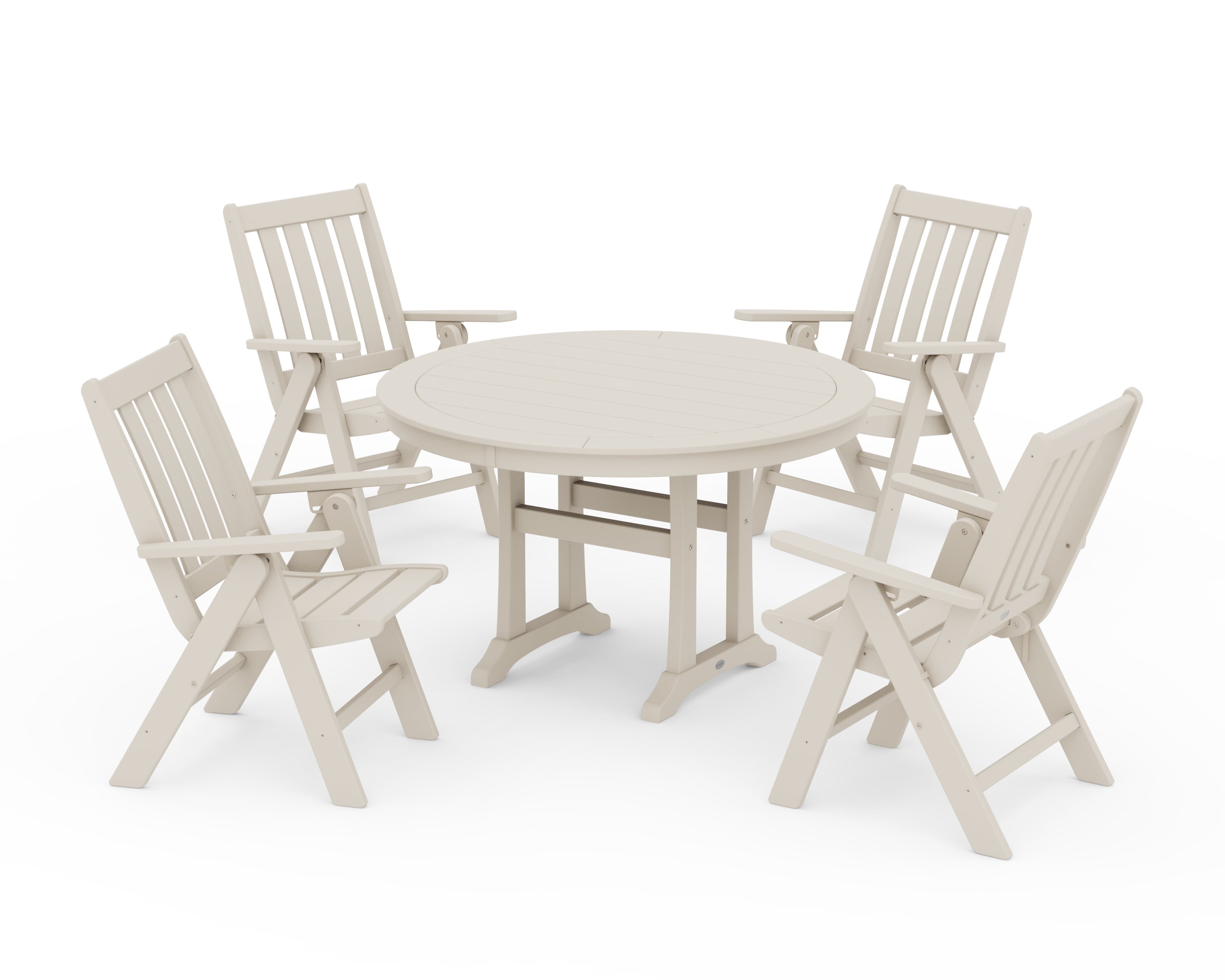 POLYWOOD Vineyard Folding Chair 5-Piece Round Dining Set with Trestle Legs in Sand