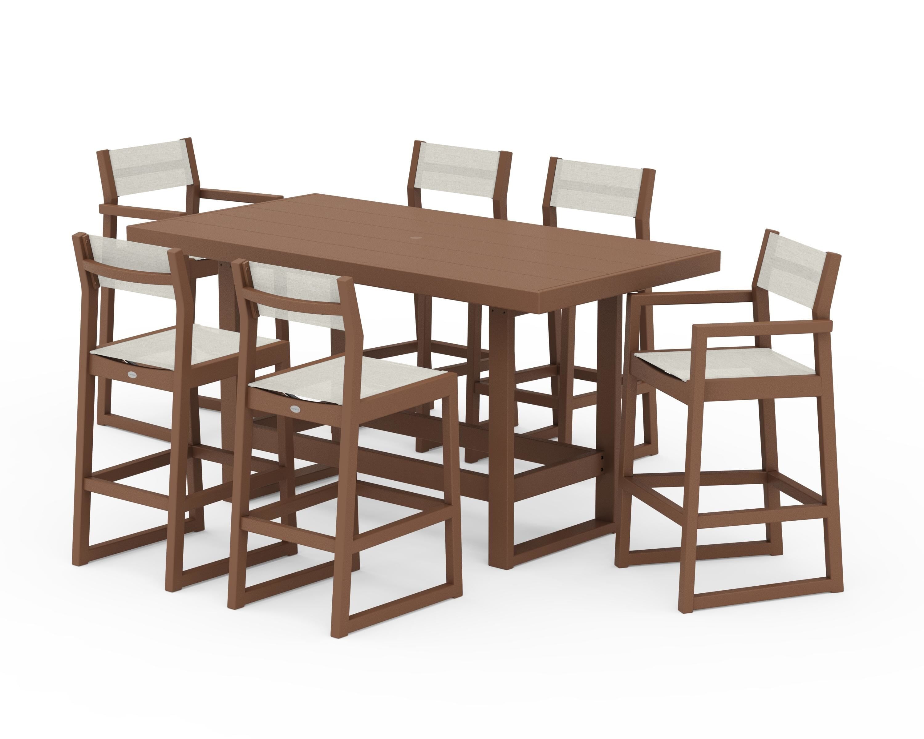 POLYWOOD EDGE Sling 7-Piece Bar Table Set in Teak / Parchment Sling