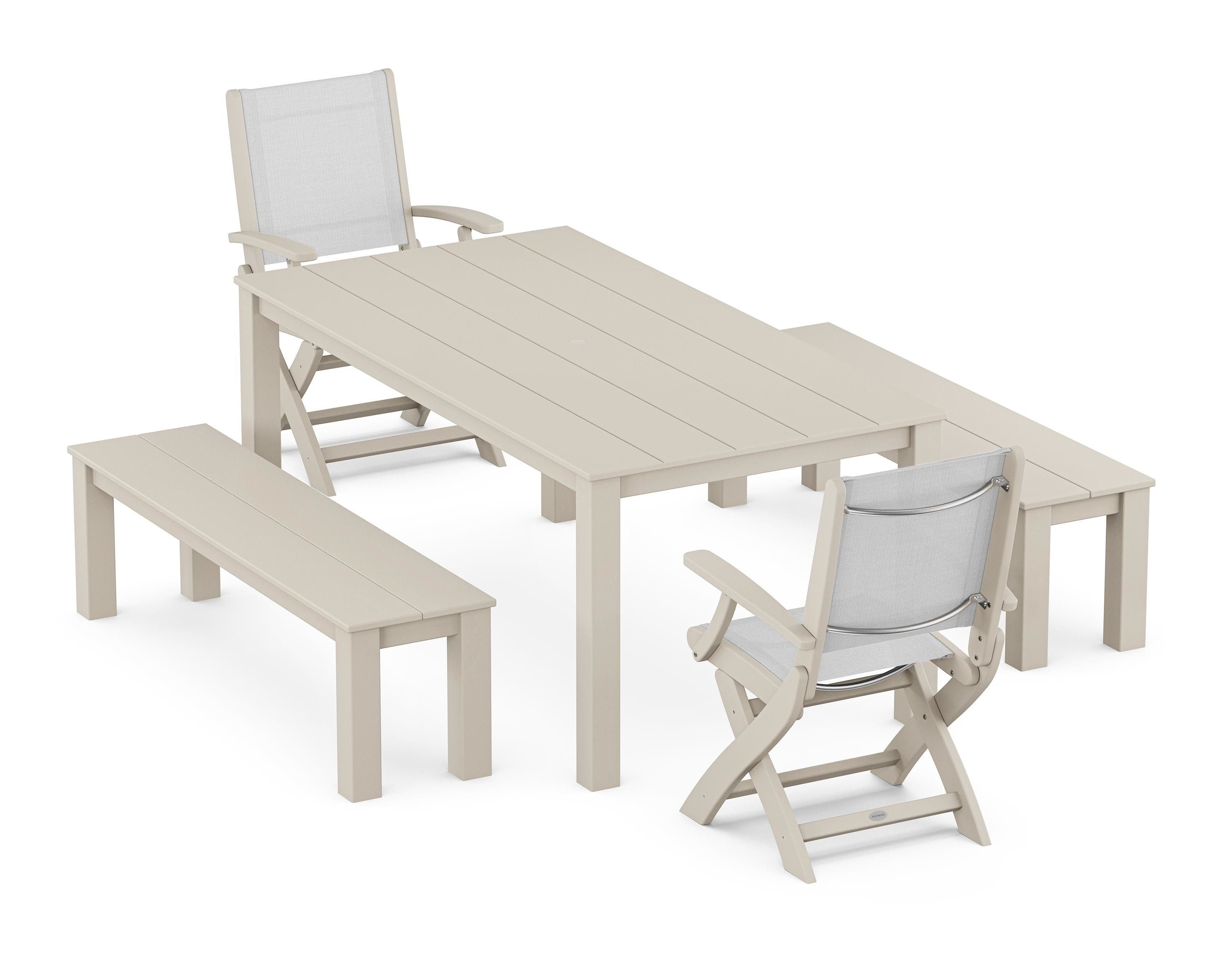 POLYWOOD Coastal Folding Chair 5-Piece Parsons Dining Set with Benches in Sand / White Sling