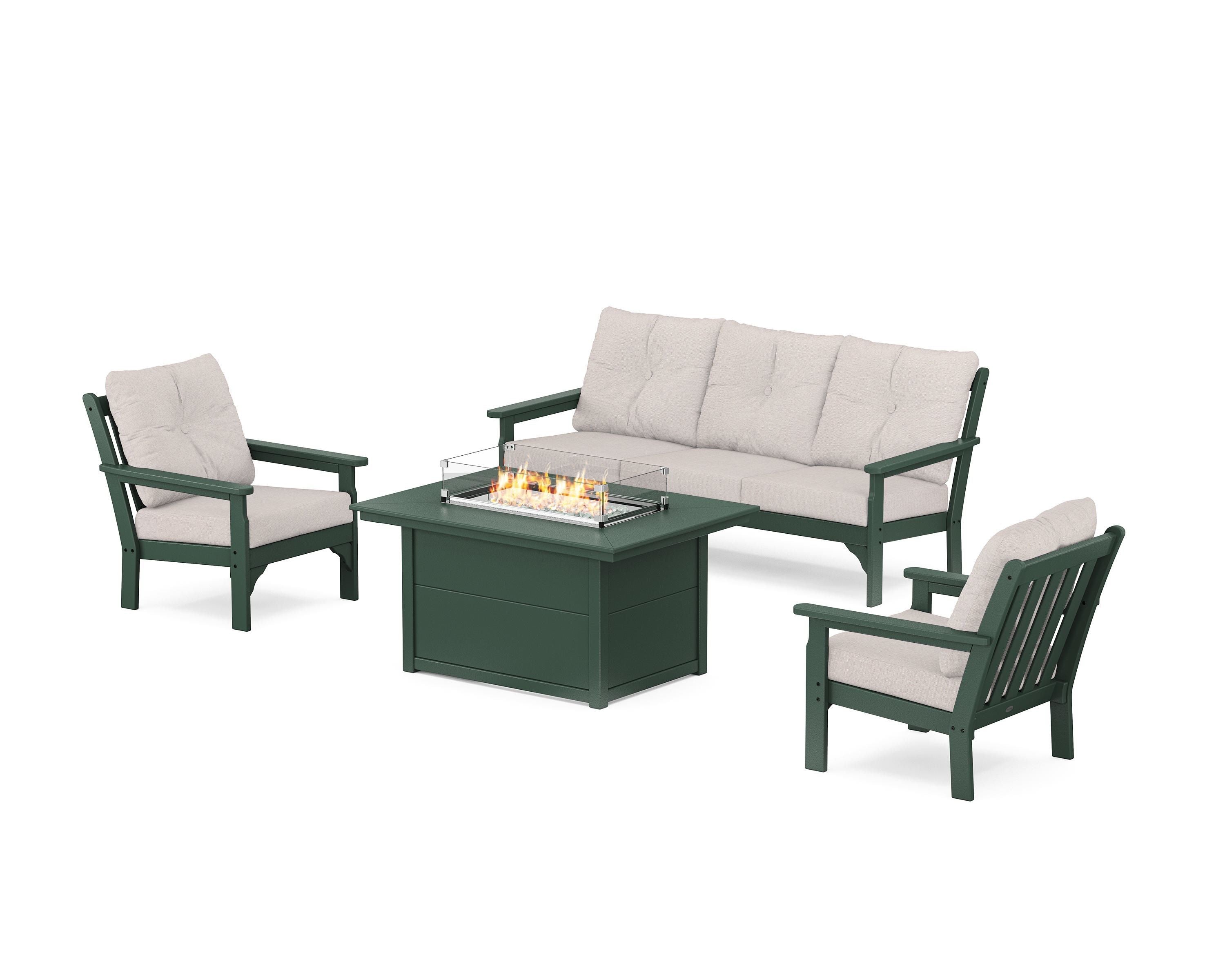POLYWOOD Vineyard Deep Seating Fire Pit Table Set in Green / Dune Burlap