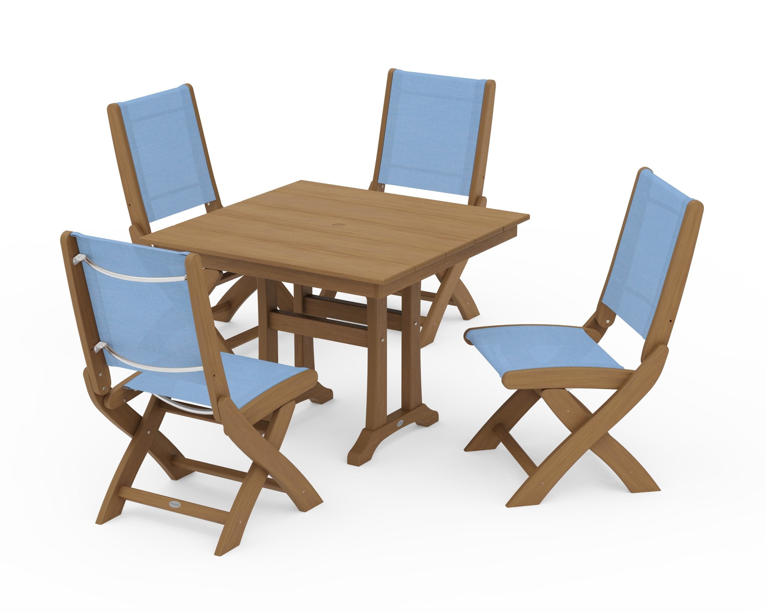 POLYWOOD Coastal Folding Side Chair 5-Piece Farmhouse Dining Set With Trestle Legs in Natural / Poolside Sling