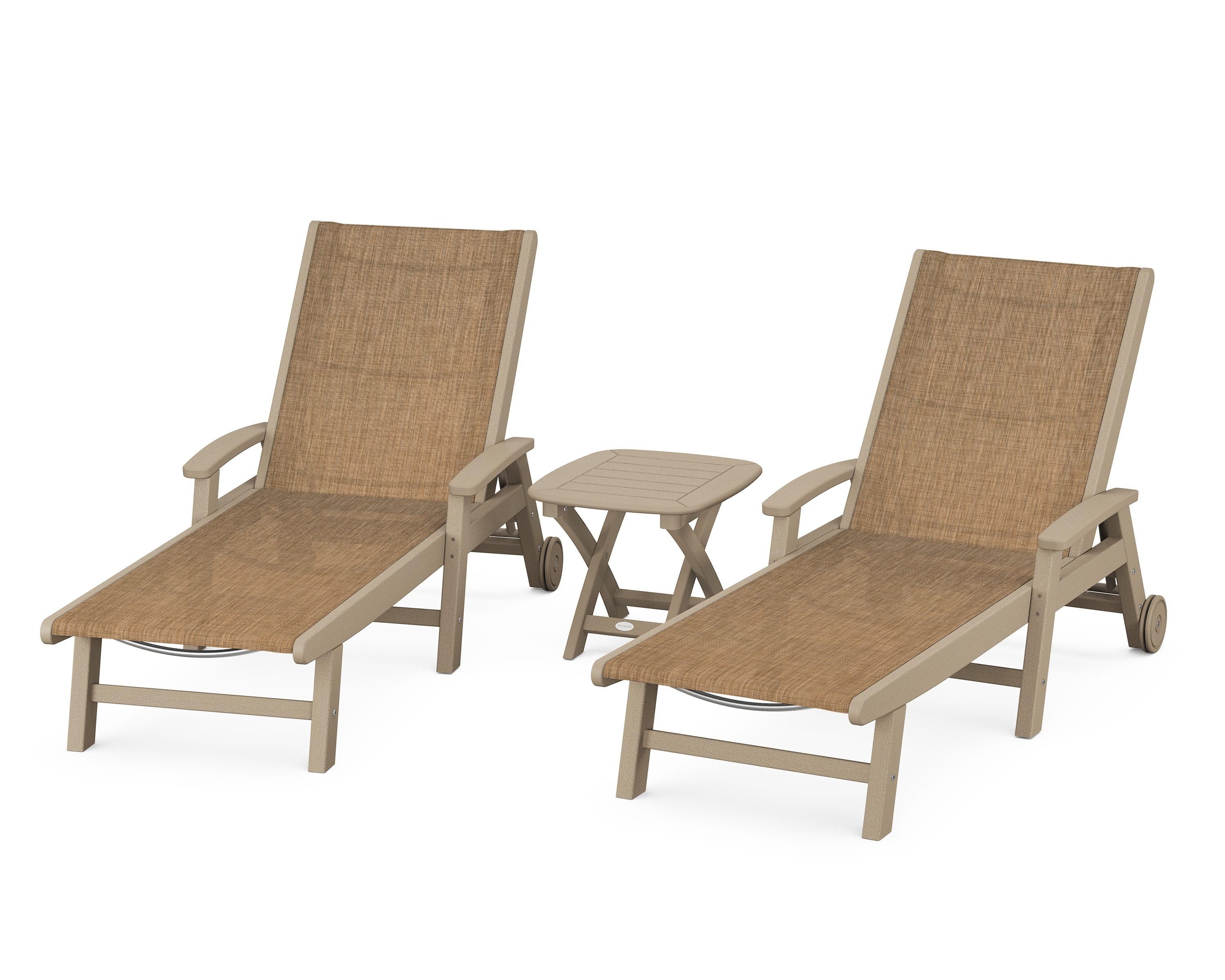POLYWOOD Coastal 3-Piece Wheeled Chaise Set in Vintage Sahara / Burlap Sling
