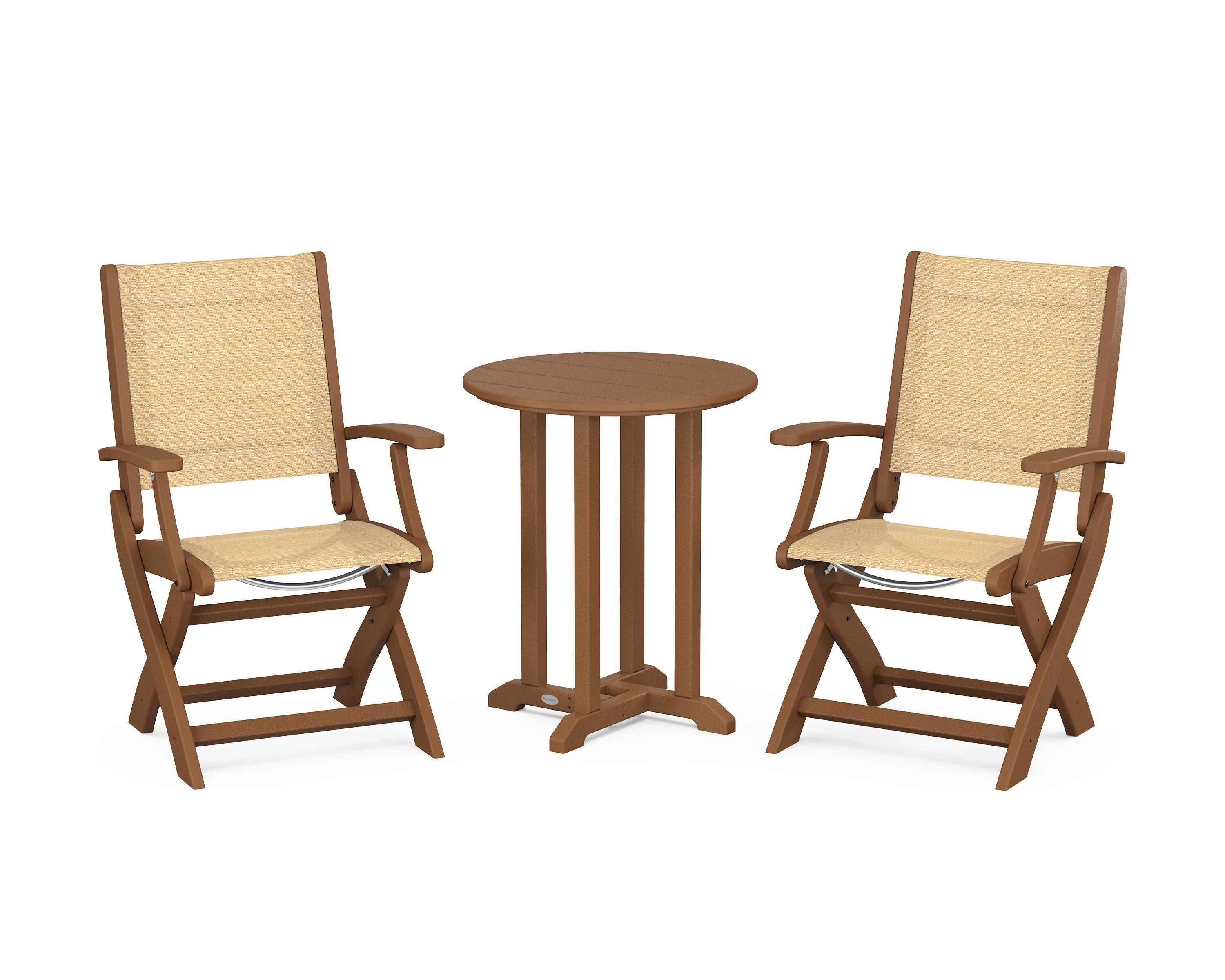 POLYWOOD Coastal Folding 3-Piece Round Bistro Dining Set in Teak / Dupioni Apricot Sling
