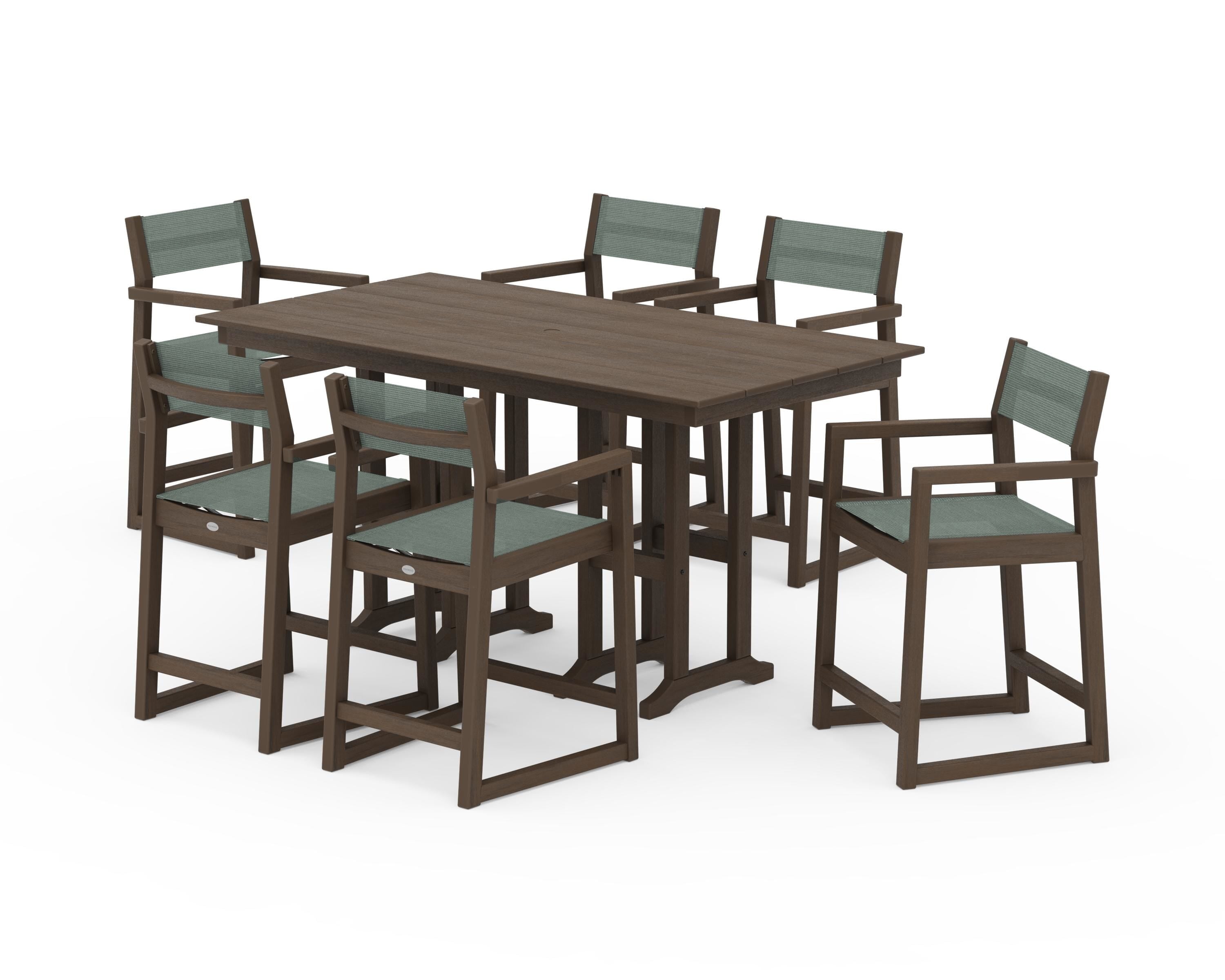 POLYWOOD EDGE Sling Arm Chair 7-Piece Farmhouse Counter Set in Kona / Dupioni Sea Mist Sling