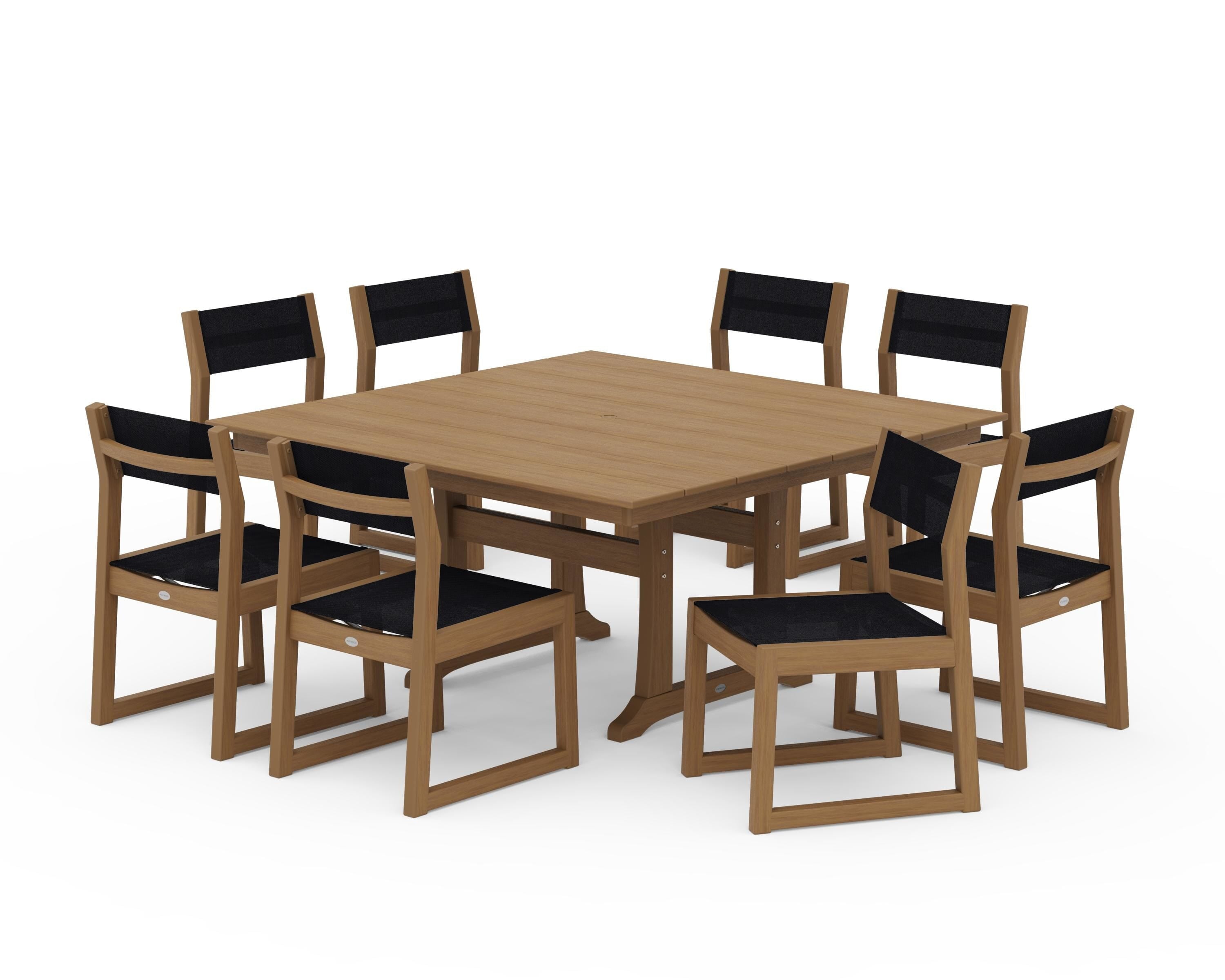 POLYWOOD EDGE Sling Side Chair 9-Piece Farmhouse Trestle Dining Set in Natural / Black Sling
