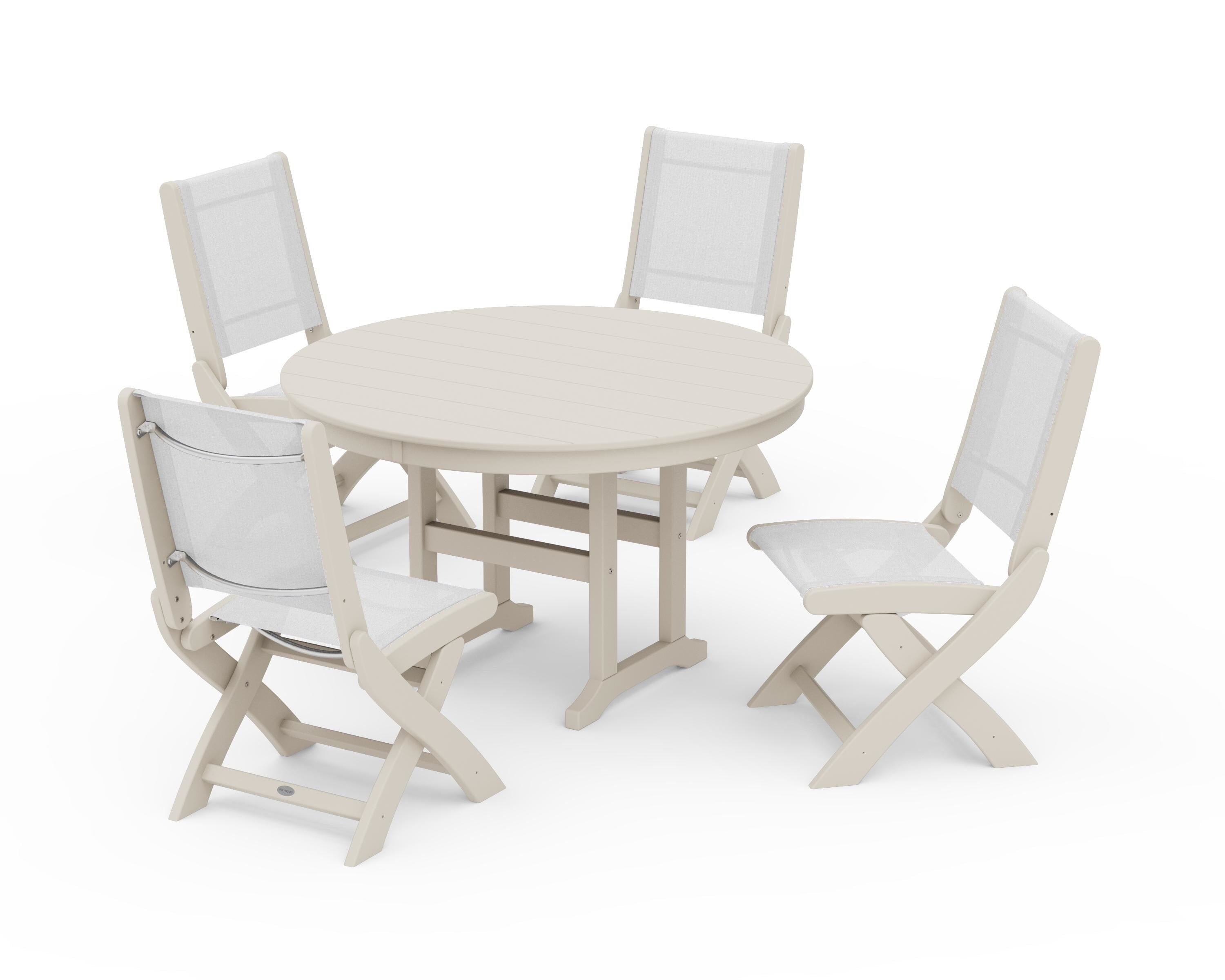 POLYWOOD Coastal Folding Side Chair 5-Piece Round Dining Set in Sand / White Sling
