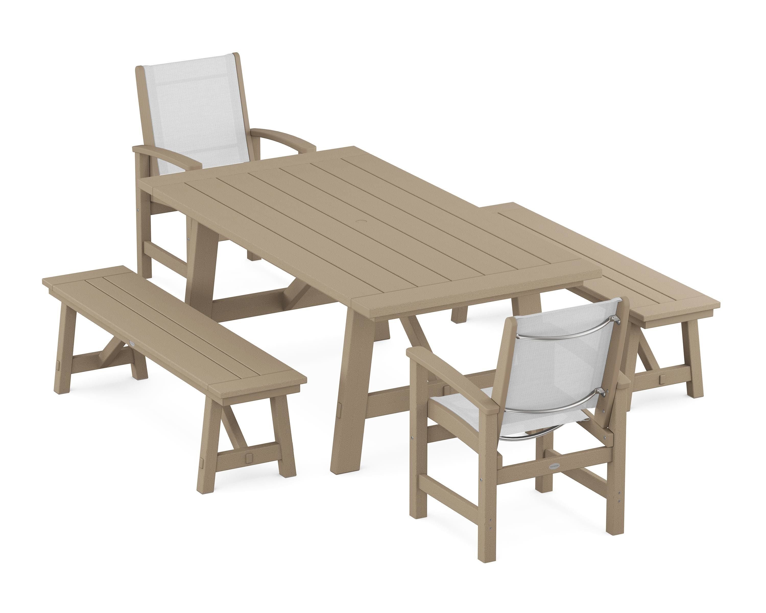POLYWOOD Coastal 5-Piece Rustic Farmhouse Dining Set With Benches in Vintage Sahara / White Sling