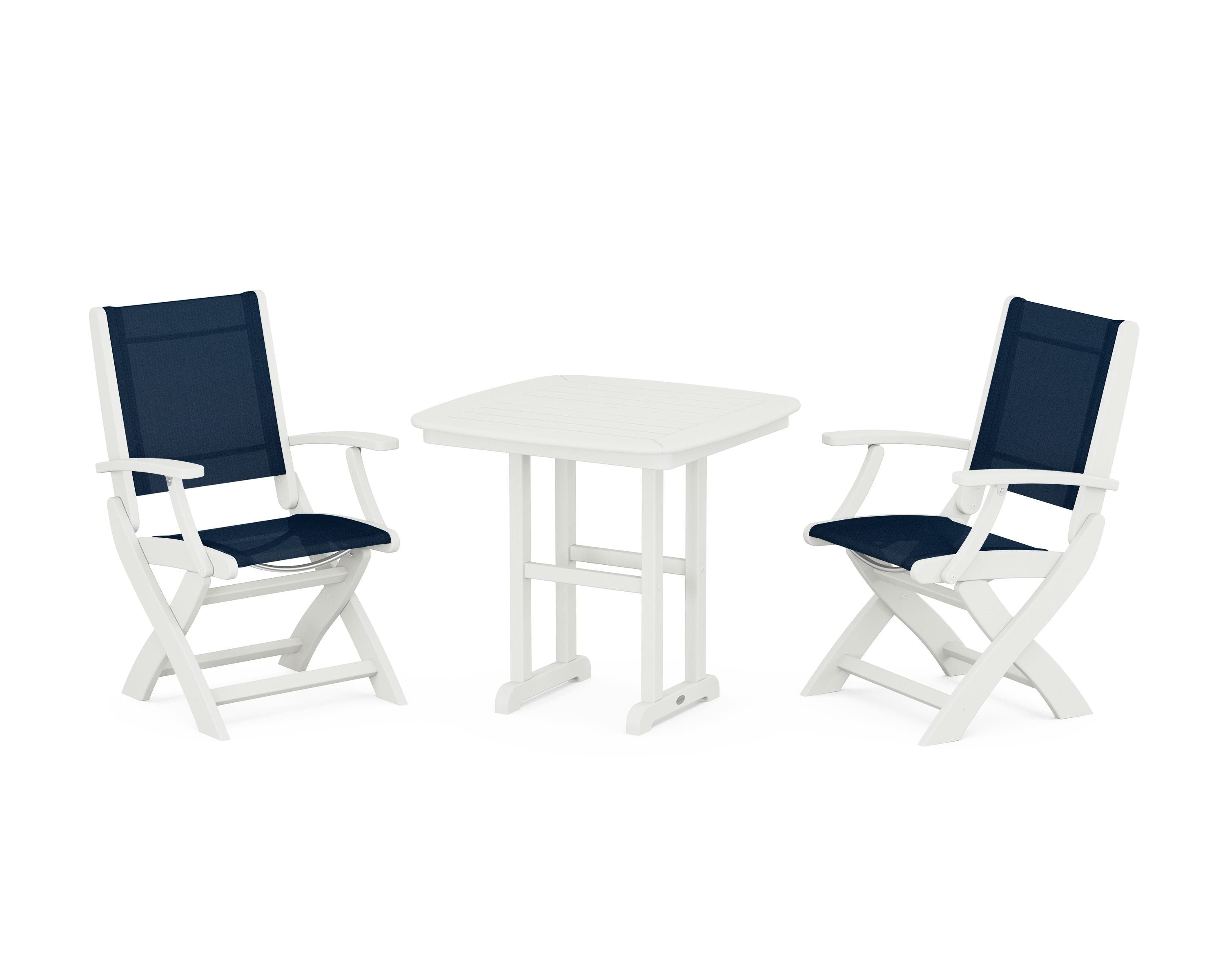 POLYWOOD Coastal Folding Chair 3-Piece Dining Set in Vintage White / Navy Blue Sling