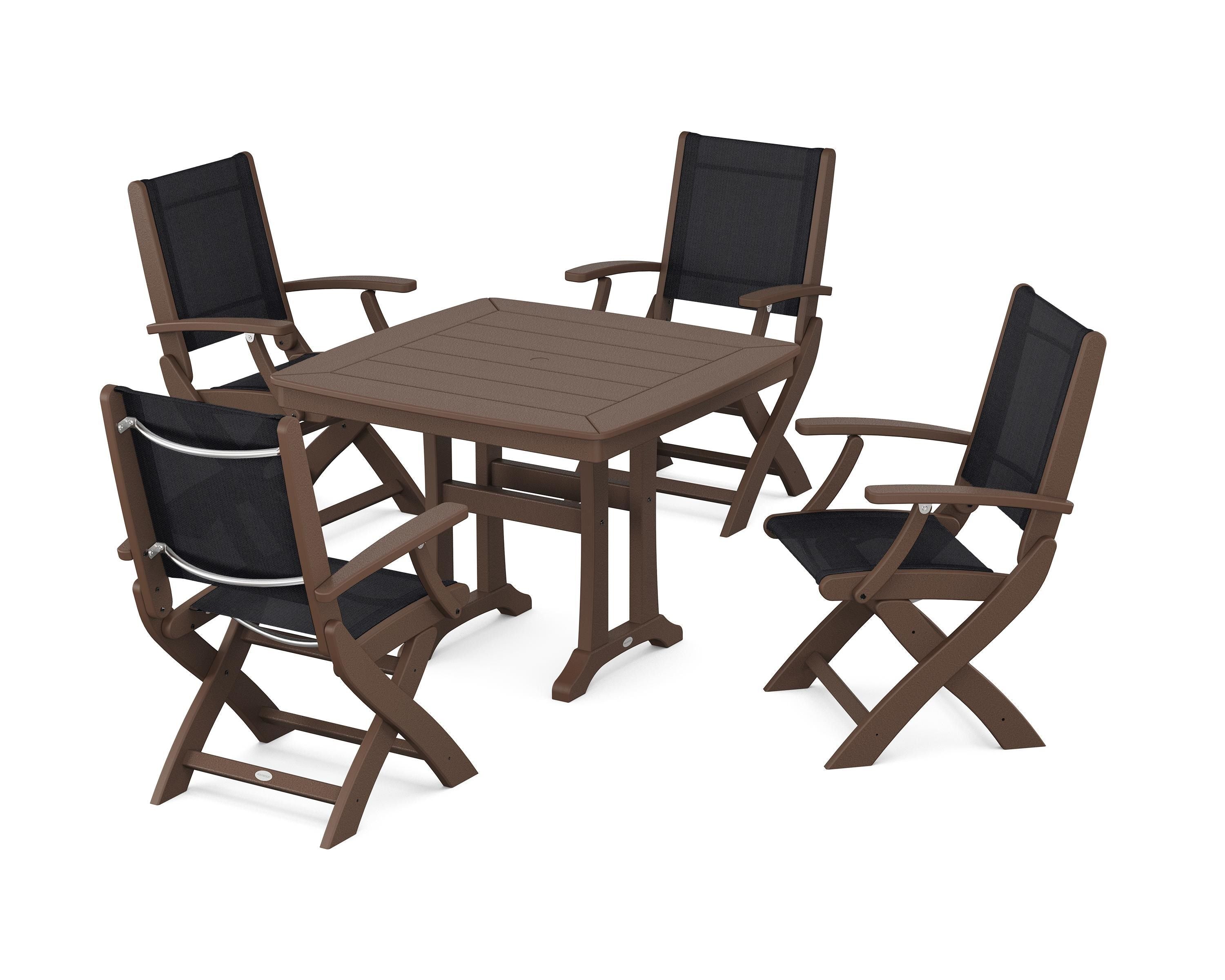 POLYWOOD Coastal Folding Chair 5-Piece Dining Set with Trestle Legs in Mahogany / Black Sling