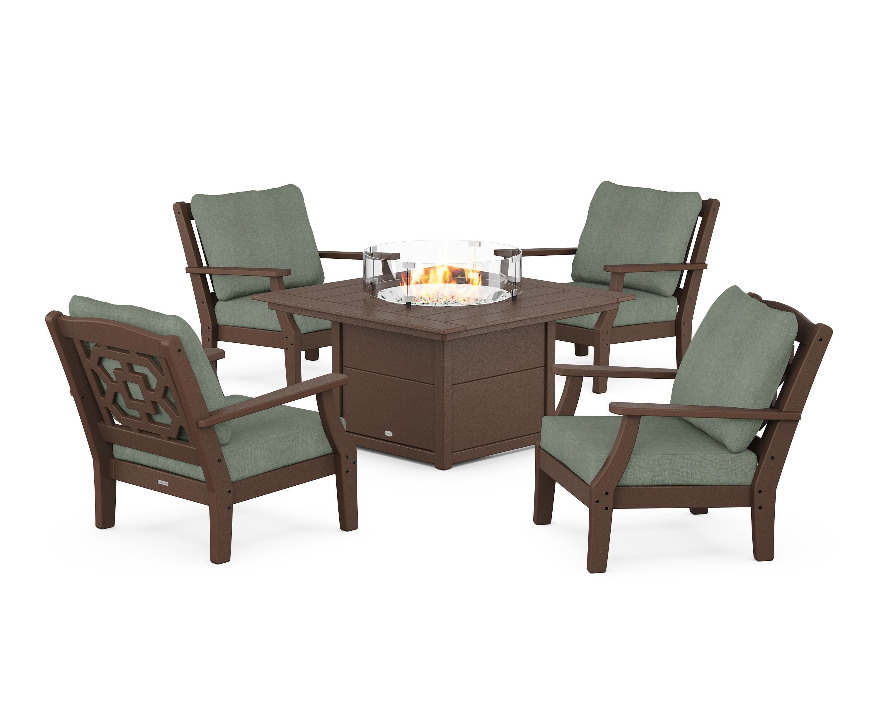 Martha Stewart by POLYWOOD Chinoiserie 5-Piece Deep Seating Set with Fire Pit Table in Mahogany / Cast Sage