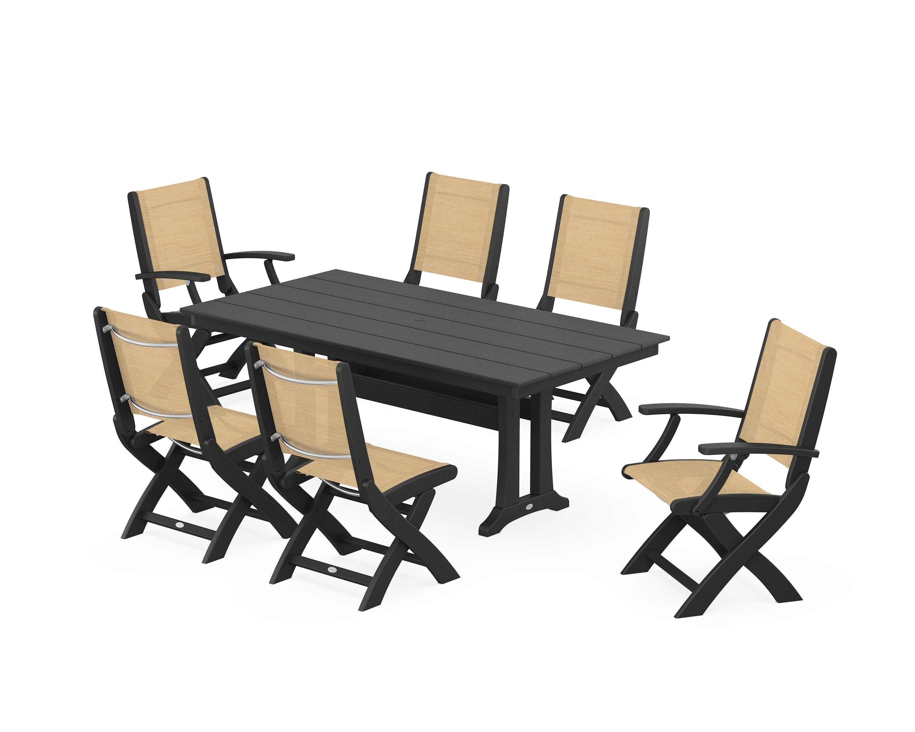POLYWOOD Coastal Folding Chair 7-Piece Farmhouse Dining Set with Trestle Legs in Black / Dupioni Apricot Sling