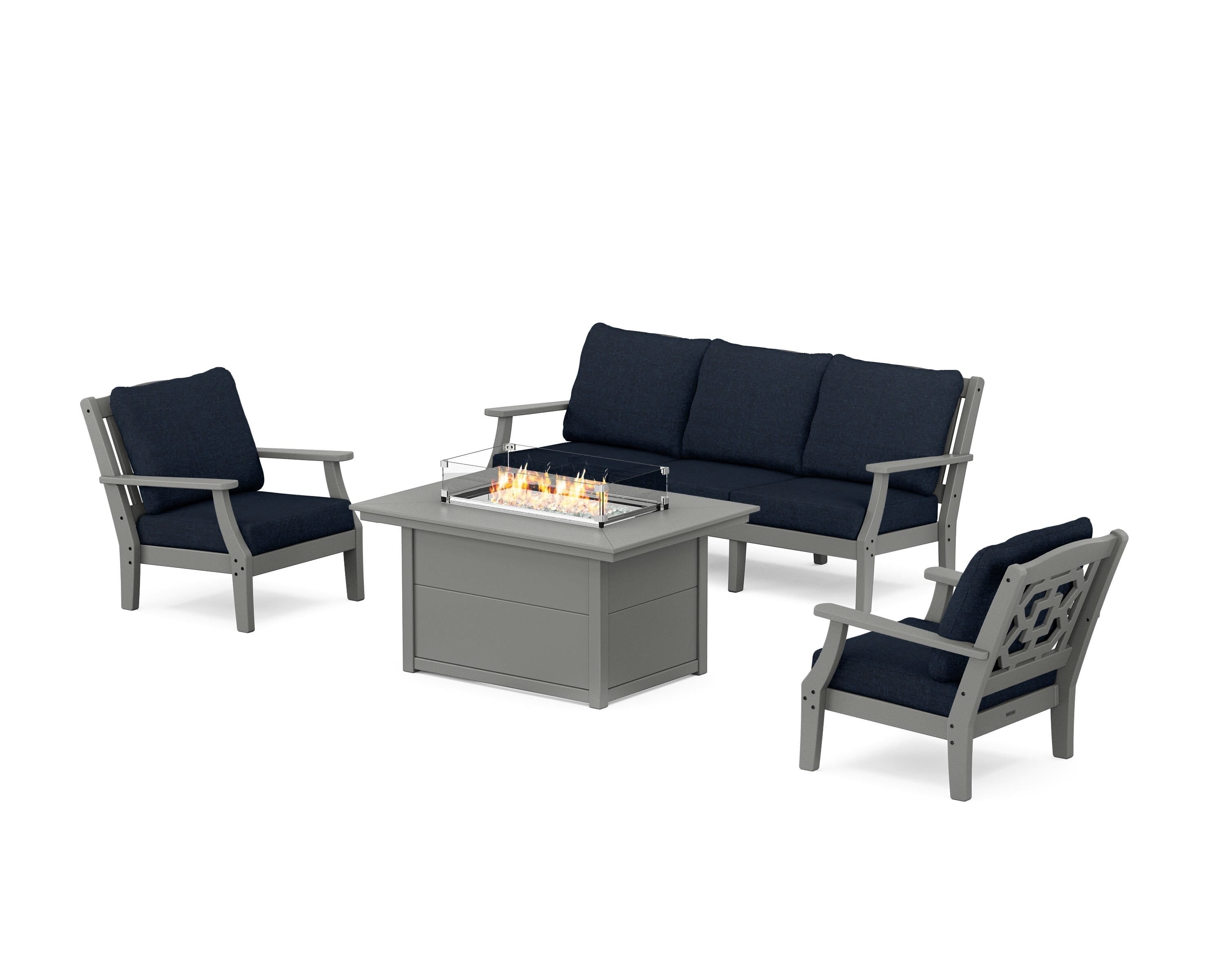 Martha Stewart by POLYWOOD Chinoiserie Deep Seating Fire Pit Table Set in Slate Grey / Marine Indigo