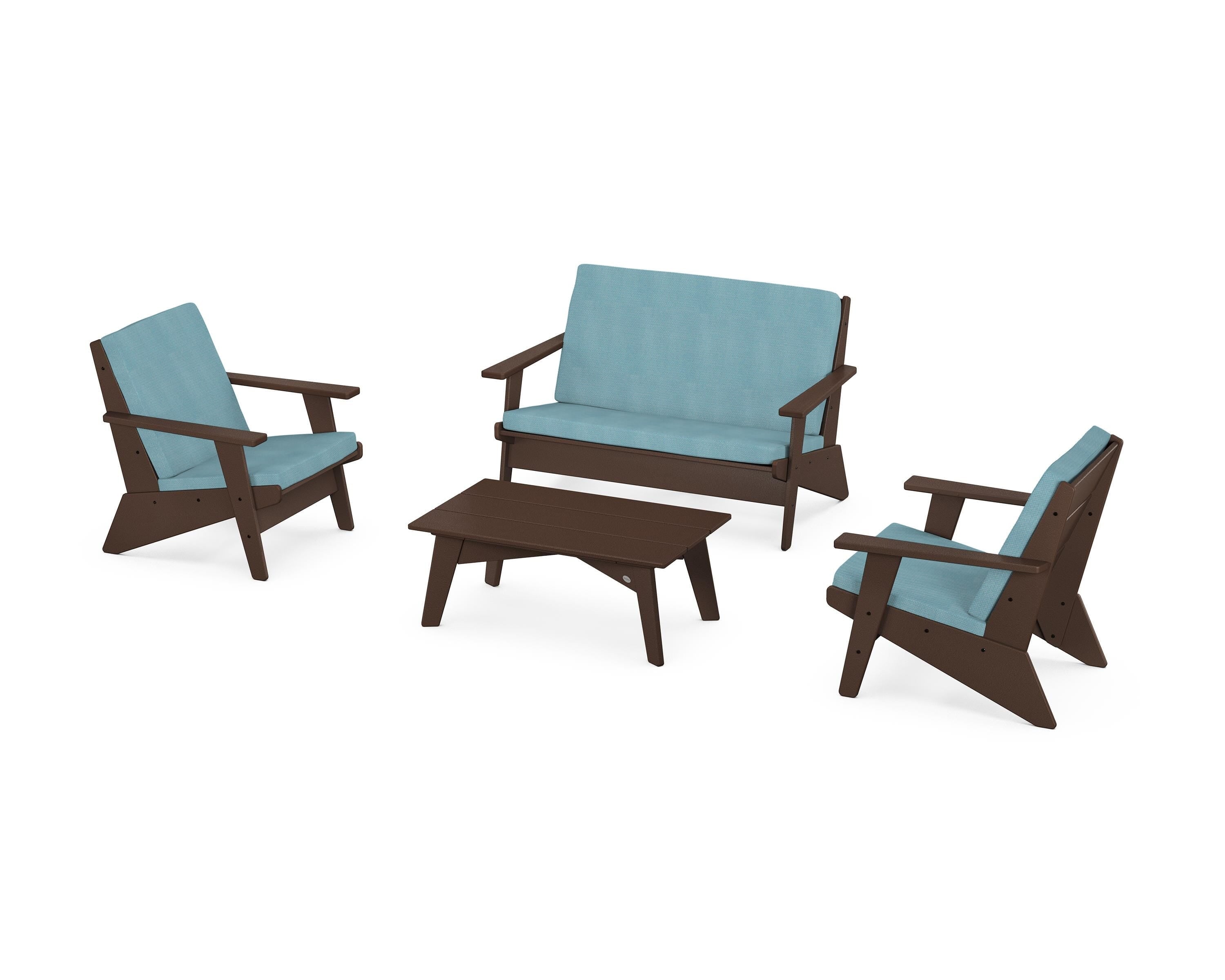 POLYWOOD Riviera Modern Lounge 4-Piece Set in Mahogany / Lattice Sky Blue