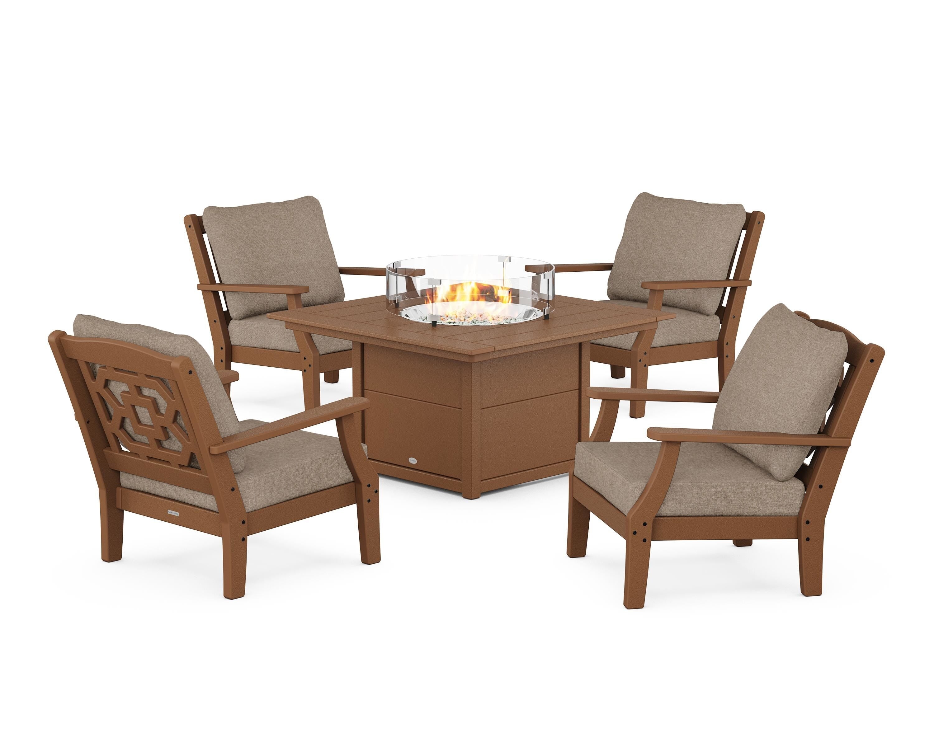 Martha Stewart by POLYWOOD Chinoiserie 5-Piece Deep Seating Set with Fire Pit Table in Teak / Spiced Burlap