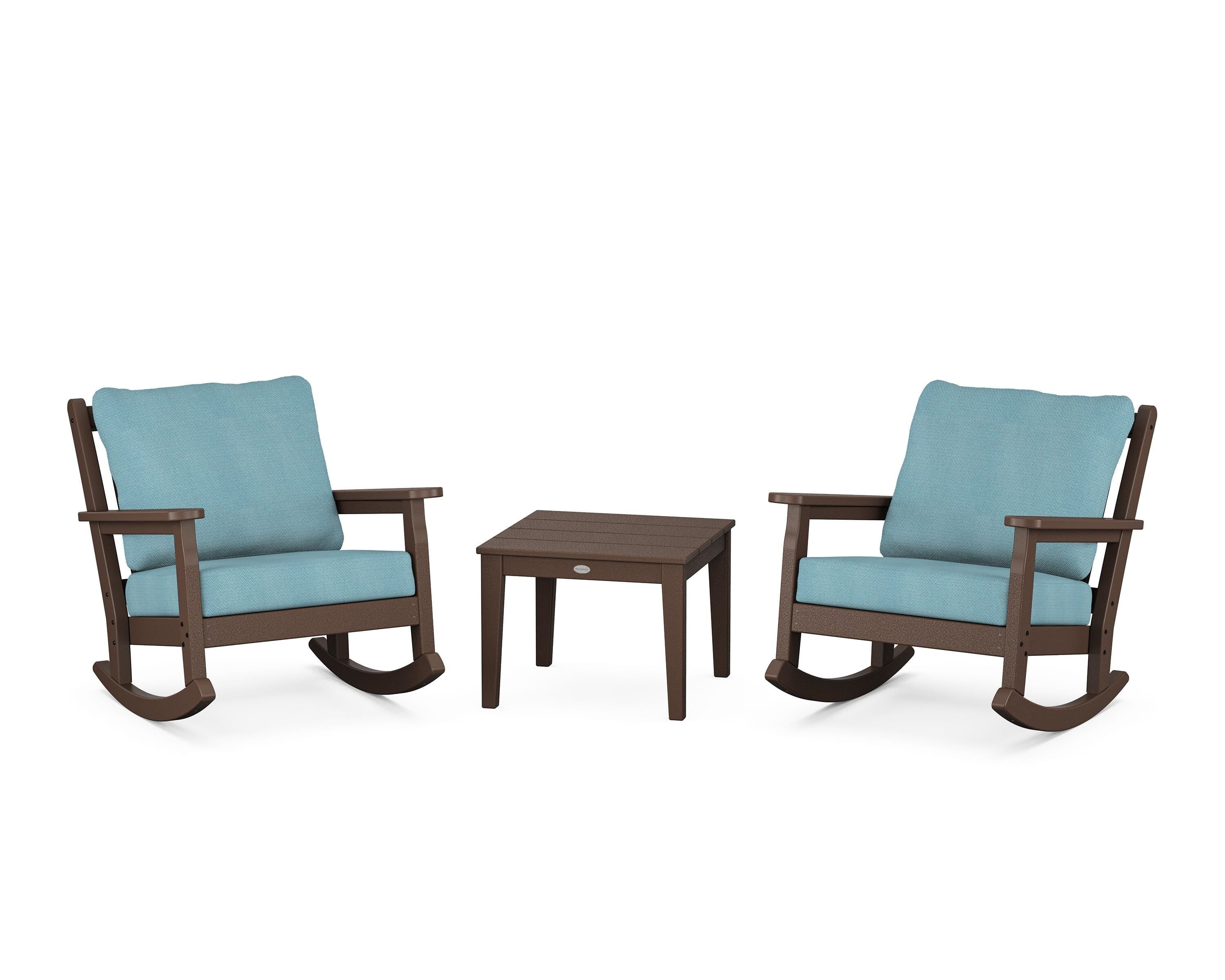 POLYWOOD Chippendale 3-Piece Deep Seating Rocker Set in Mahogany / Lattice Sky Blue