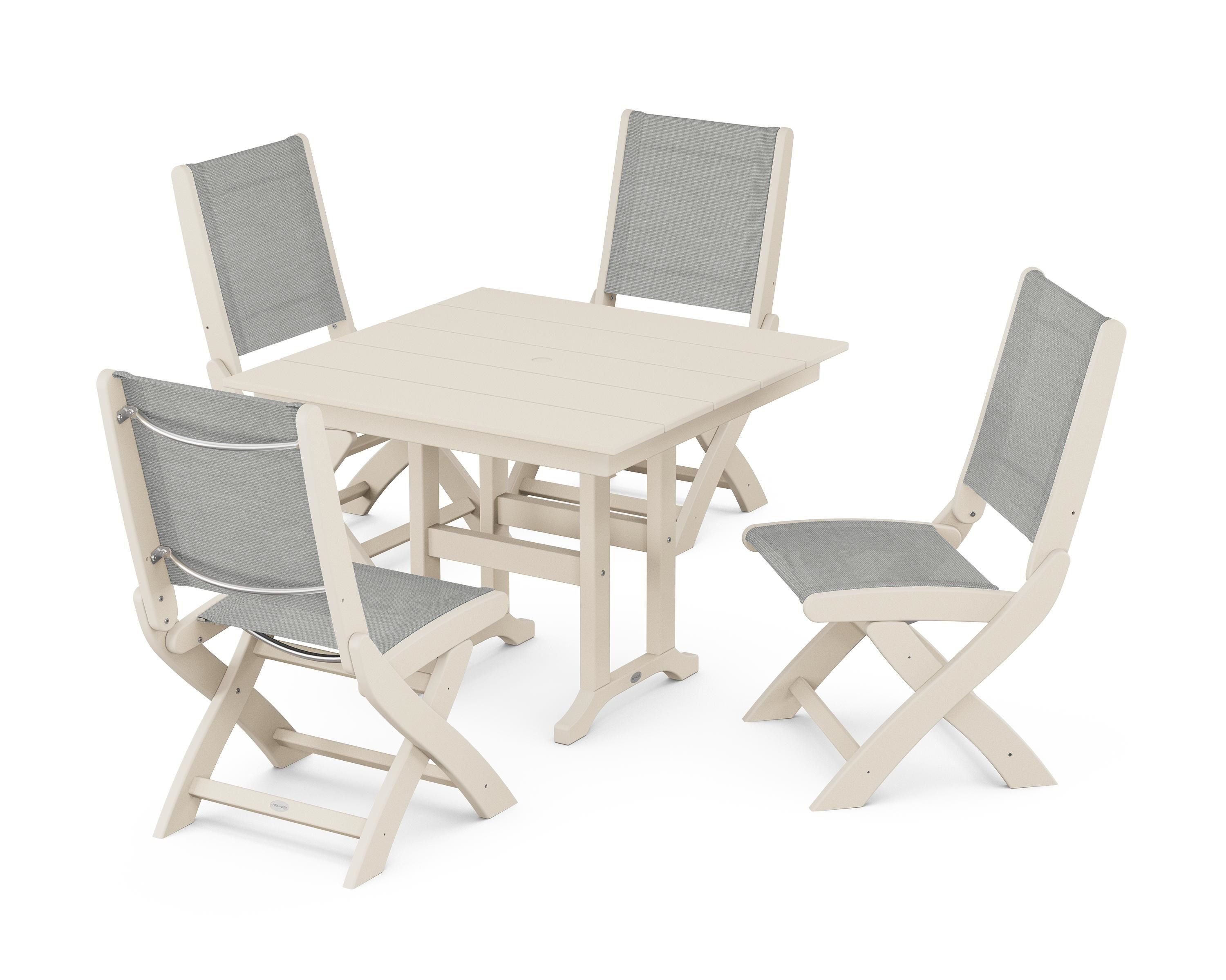 POLYWOOD Coastal Folding Side Chair 5-Piece Farmhouse Dining Set in Sand / Metallic Sling