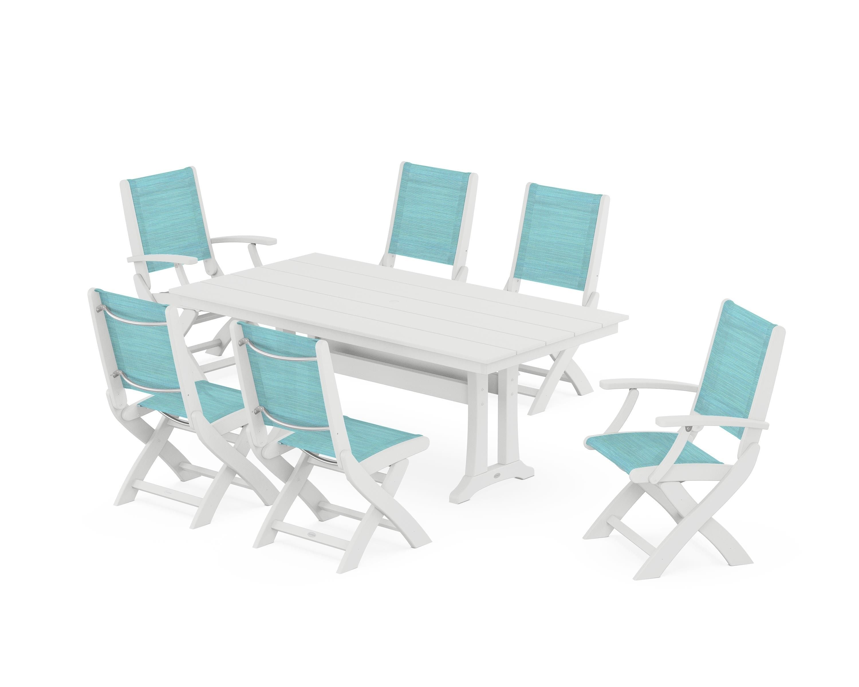 POLYWOOD Coastal Folding Chair 7-Piece Farmhouse Dining Set with Trestle Legs in White / Dupioni Aquamarine Sling