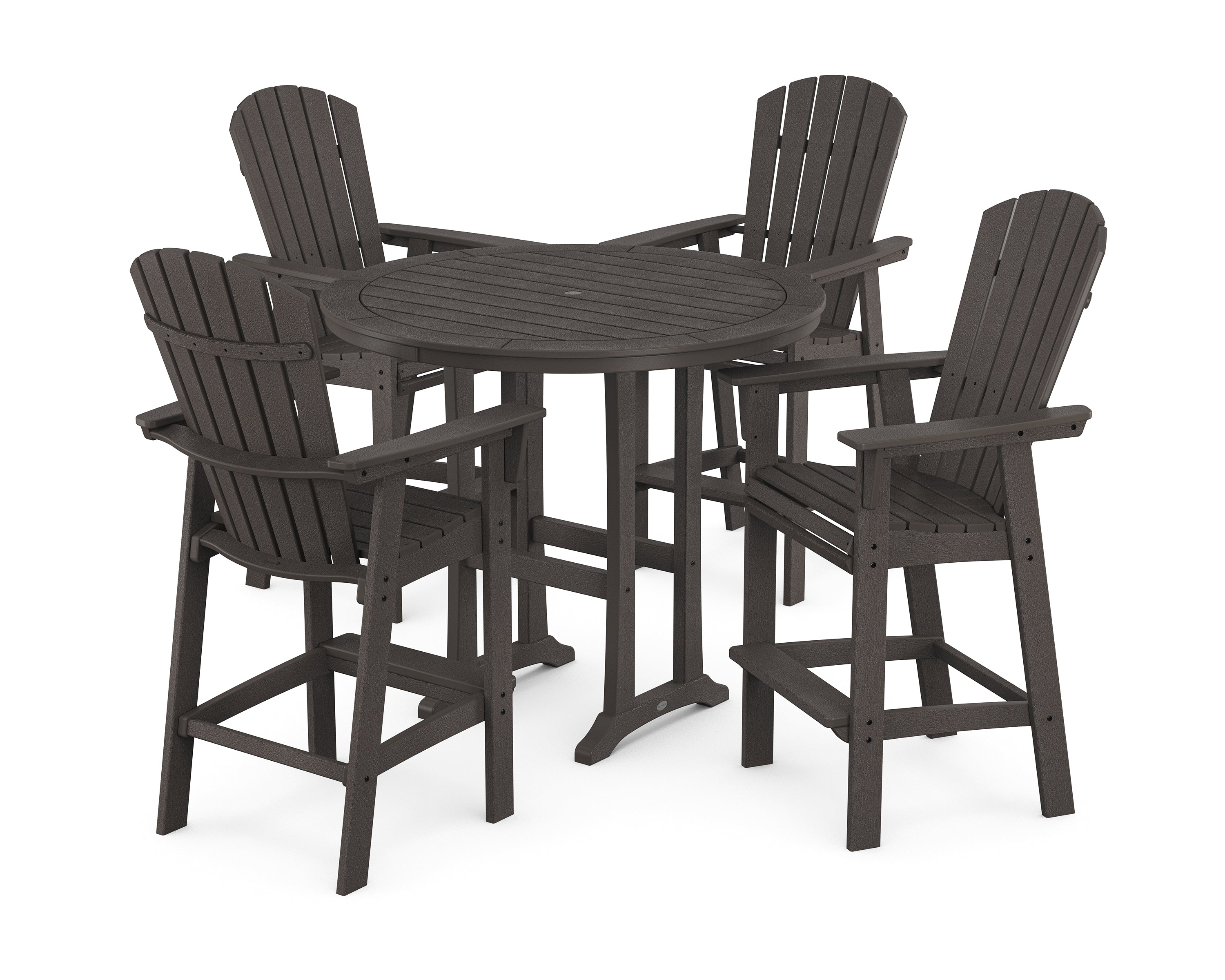 POLYWOOD® Nautical Curveback Adirondack 5-Piece Round Trestle Bar Set in Vintage Coffee