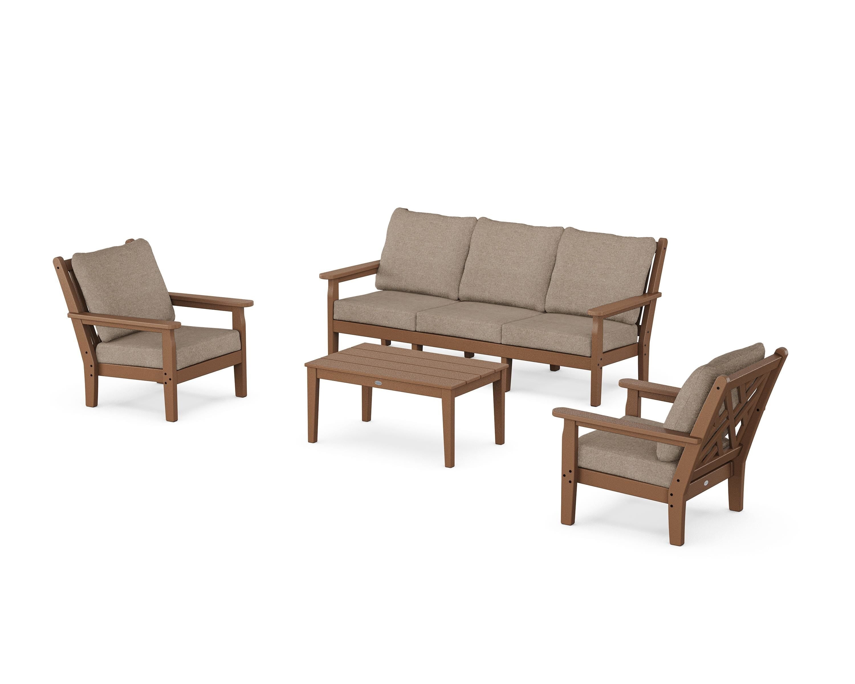 POLYWOOD Chippendale 4-Piece Deep Seating Set with Sofa in Teak / Spiced Burlap