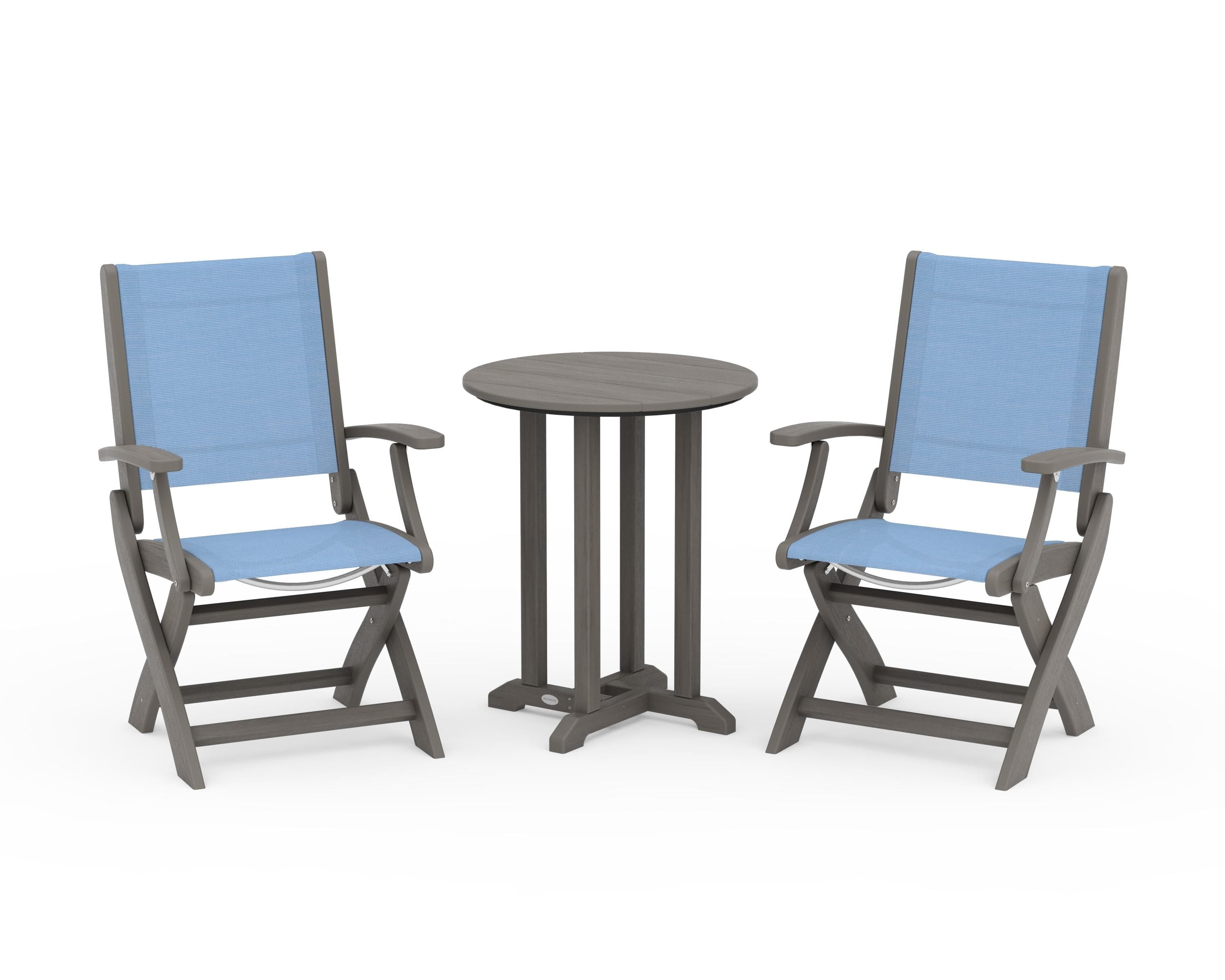 POLYWOOD Coastal Folding 3-Piece Round Bistro Dining Set in Driftwood / Poolside Sling