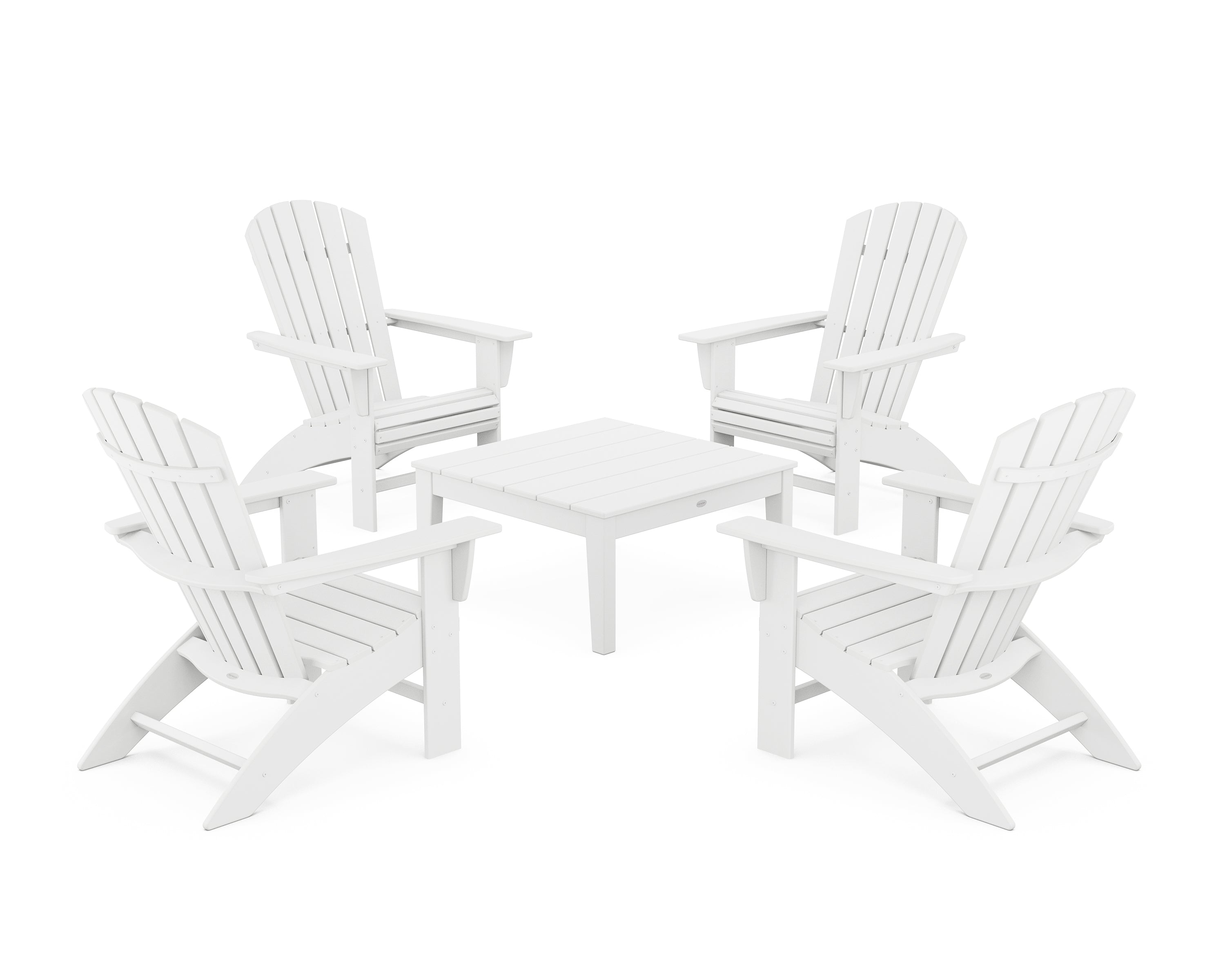 POLYWOOD® 5-Piece Nautical Curveback Adirondack Chair Conversation Set with 36" Conversation Table in White