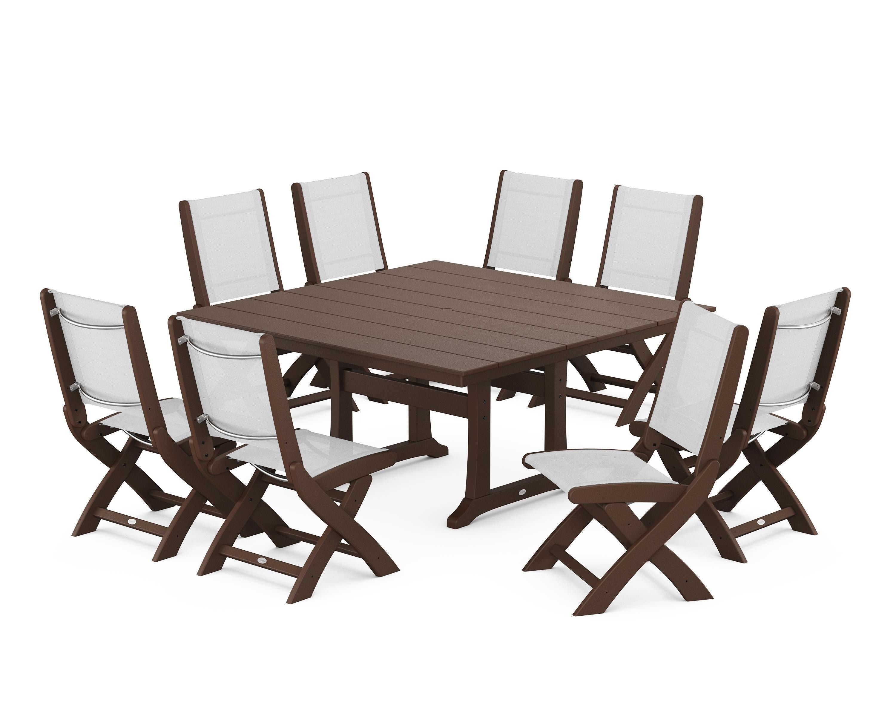 POLYWOOD Coastal Folding Side Chair 9-Piece Farmhouse Dining Set in Mahogany / White Sling