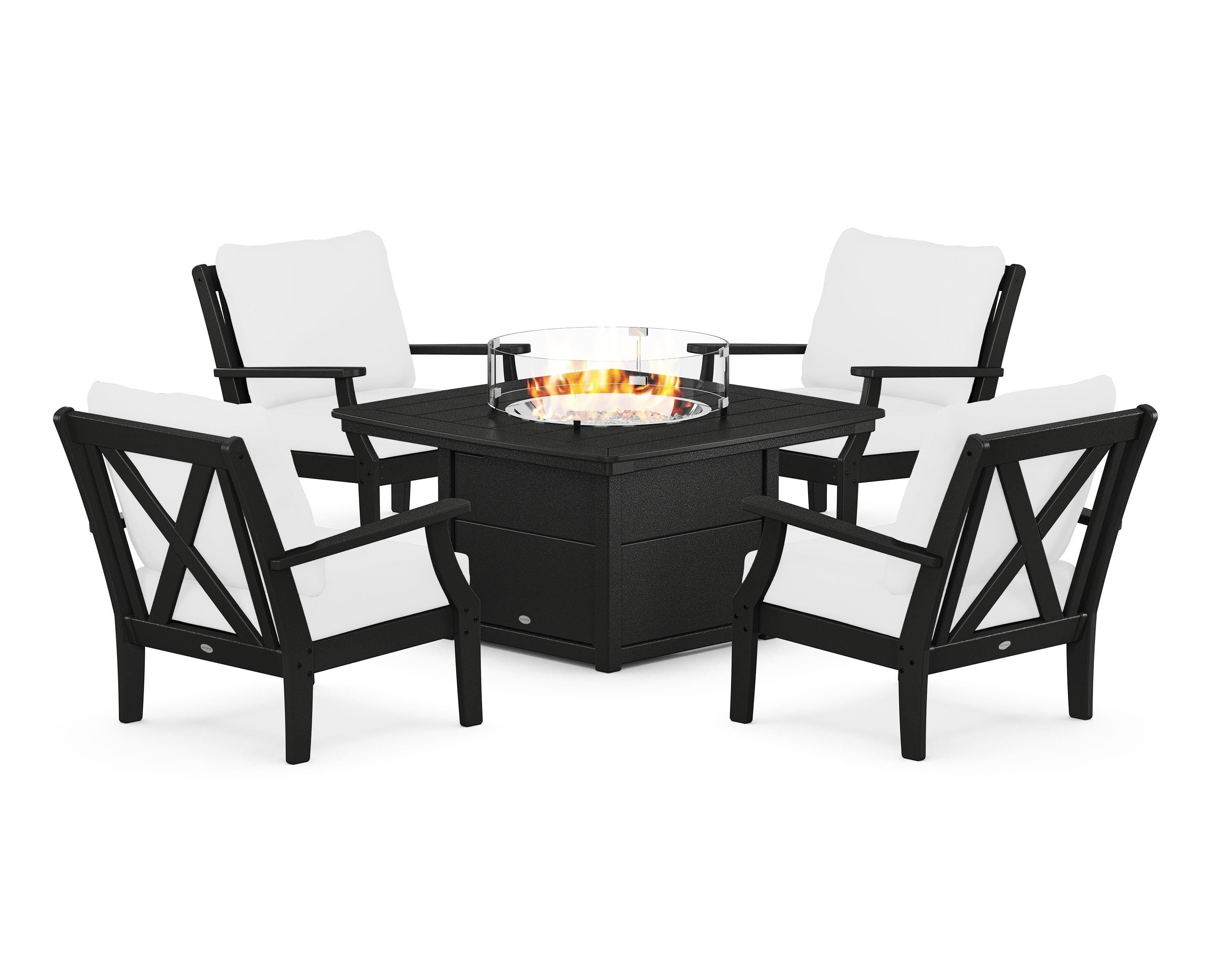 POLYWOOD Braxton 5-Piece Deep Seating Conversation Set with Fire Pit Table in Black / Natural