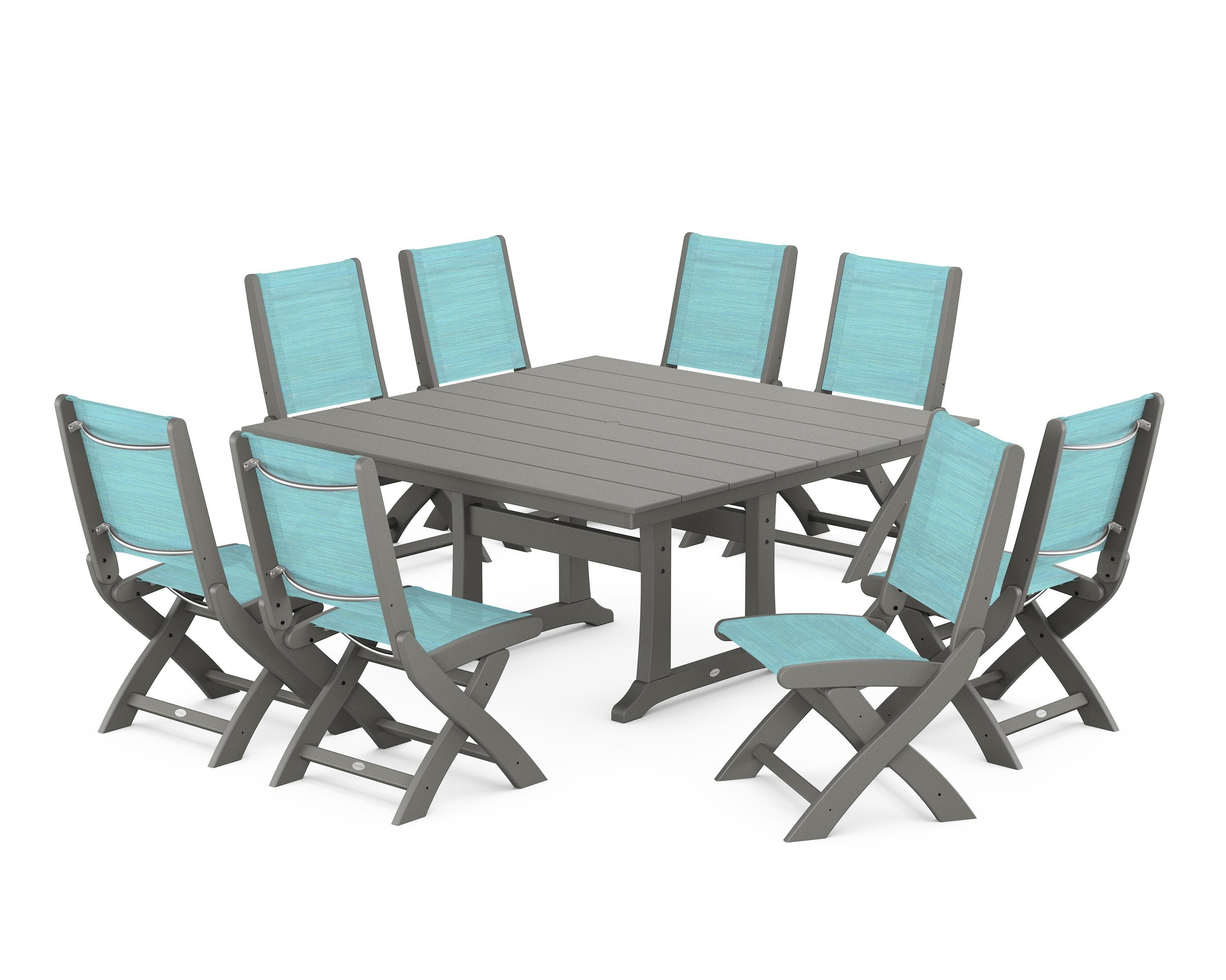 POLYWOOD Coastal Folding Side Chair 9-Piece Farmhouse Dining Set in Slate Grey / Dupioni Aquamarine Sling