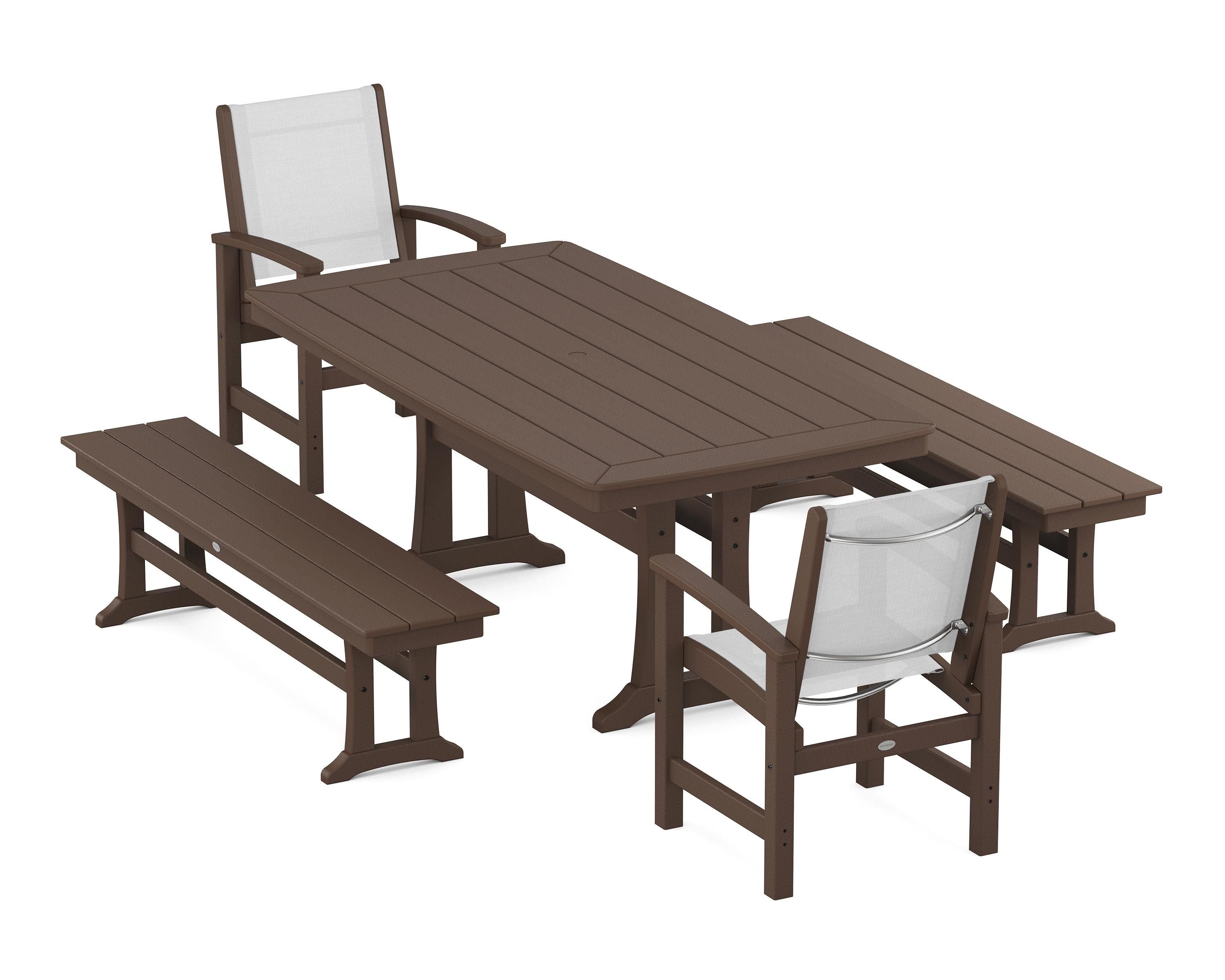 POLYWOOD Coastal 5-Piece Dining Set with Trestle Legs and Benches in Mahogany / White Sling