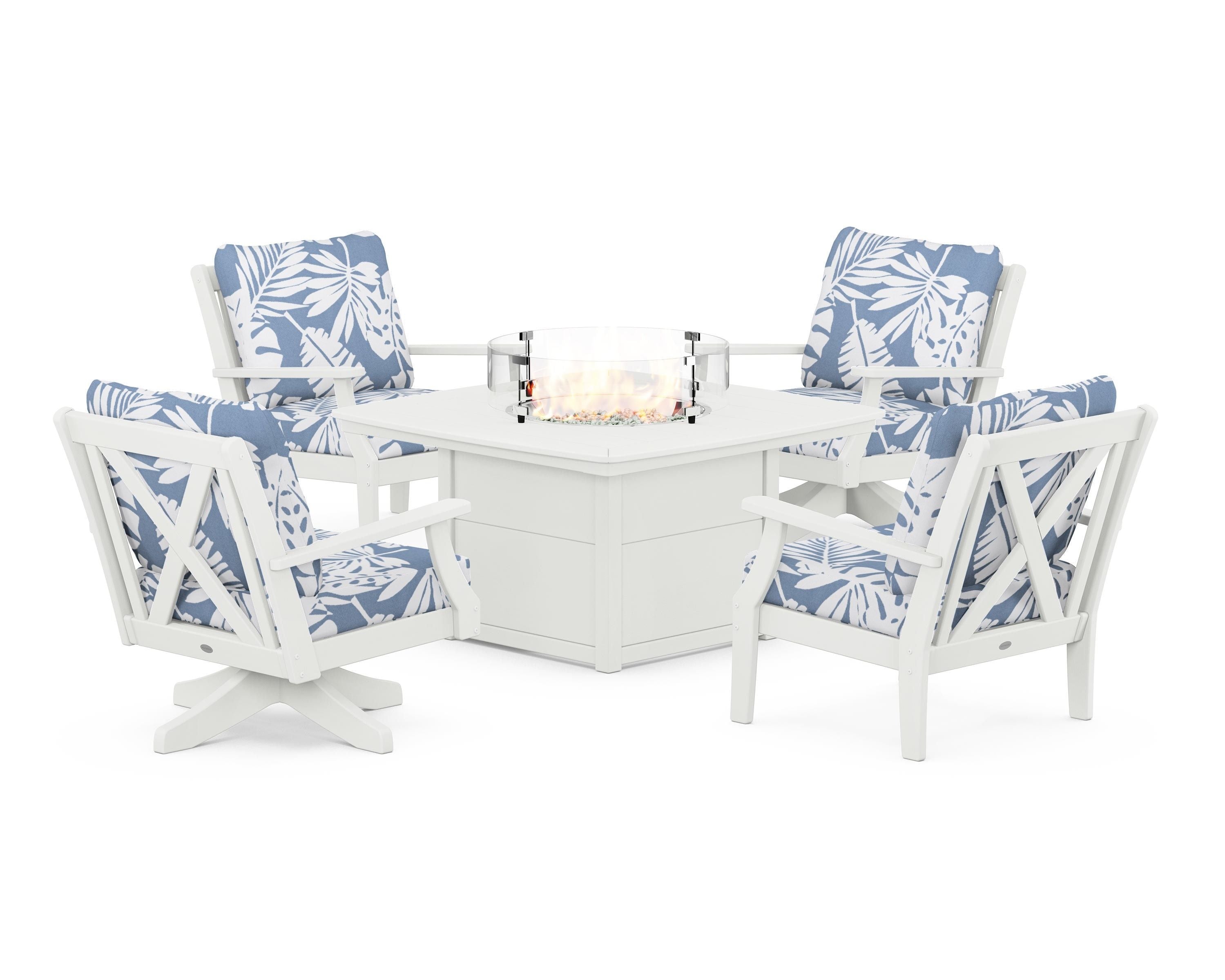 POLYWOOD Braxton 5-Piece Deep Seating Set with Fire Table in Vintage White / Leaf Sky Blue