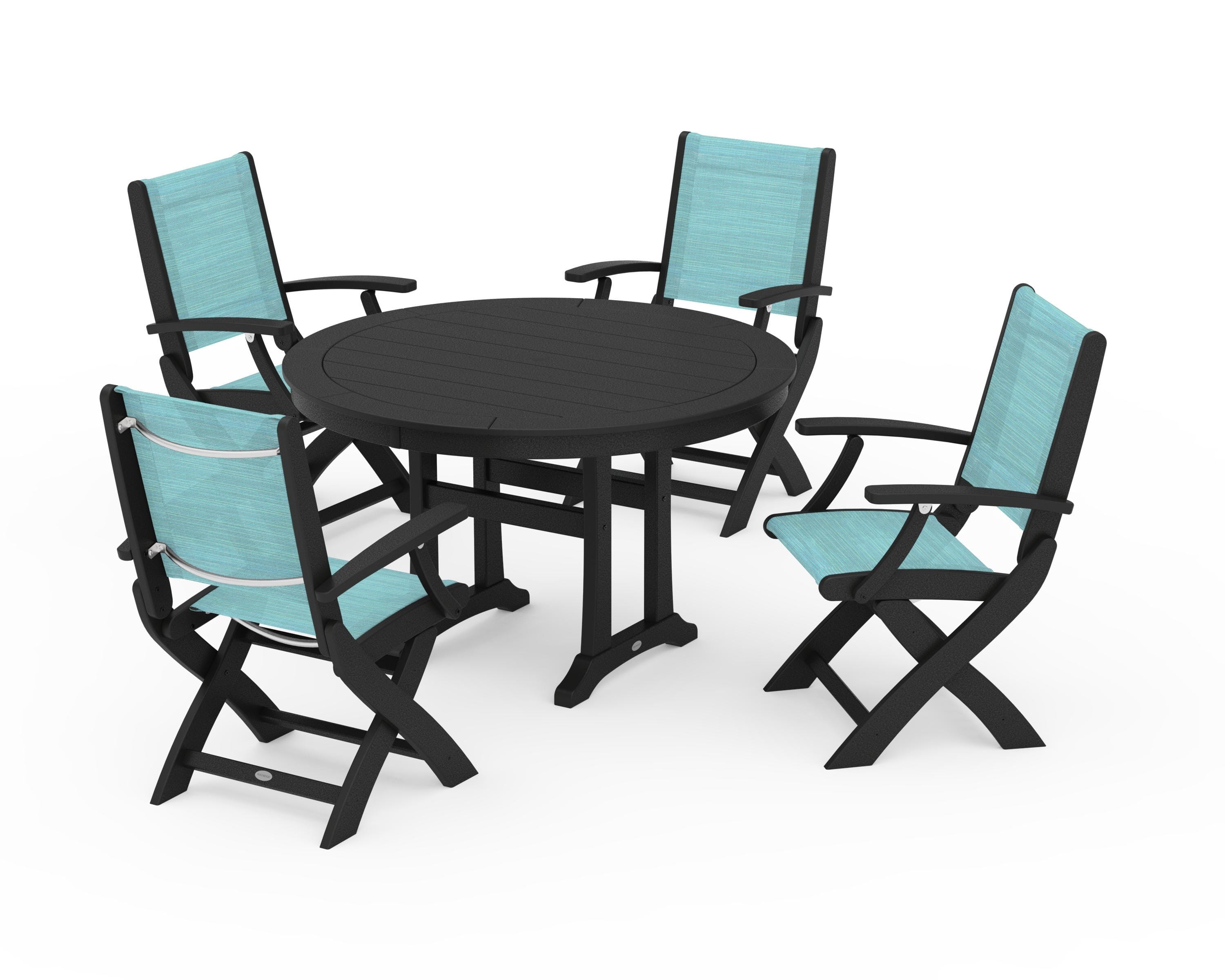 POLYWOOD Coastal Folding Chair 5-Piece Round Dining Set with Trestle Legs in Black / Dupioni Aquamarine Sling