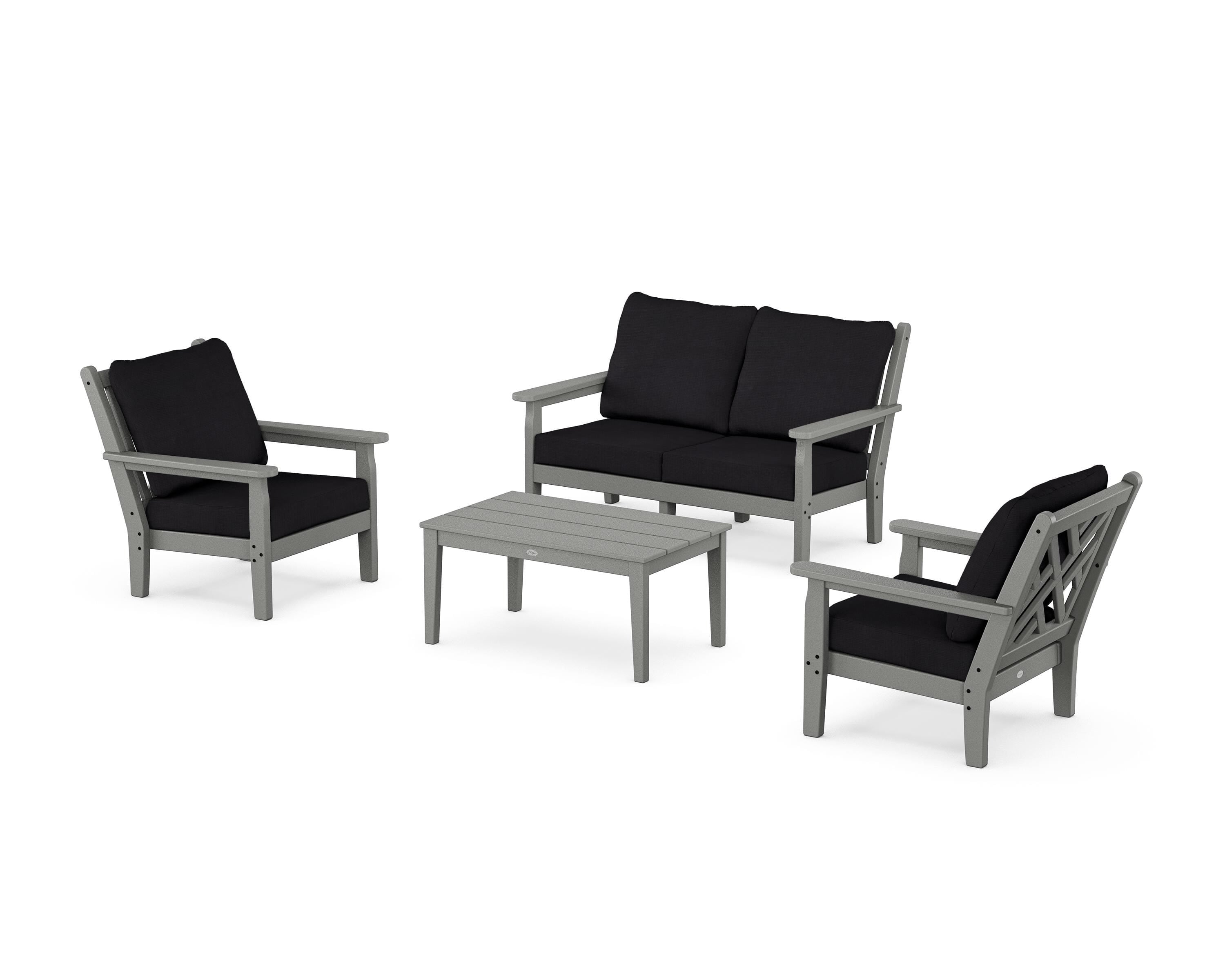 POLYWOOD Chippendale 4-Piece Deep Seating Set with Loveseat in Slate Grey / Midnight Linen