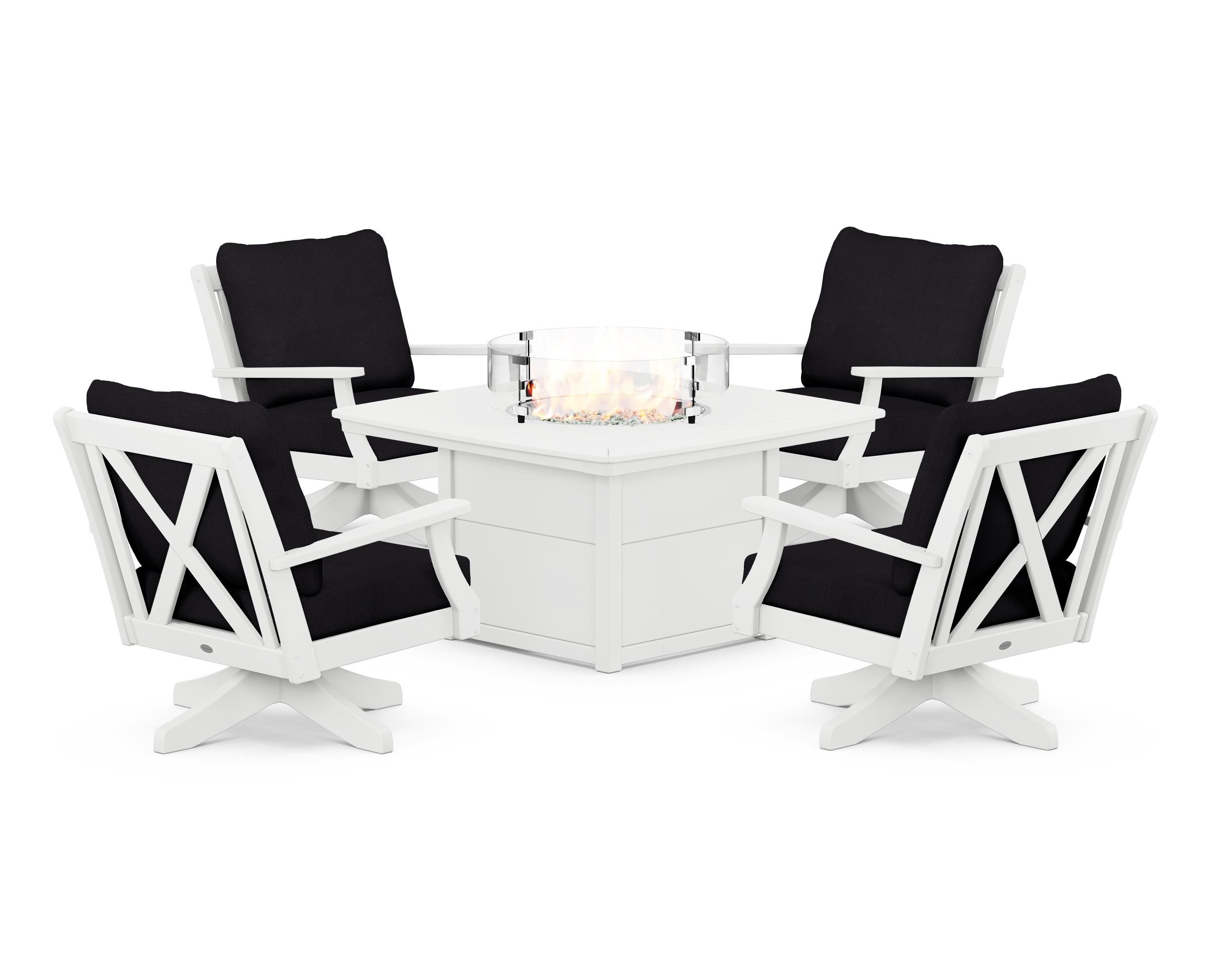 POLYWOOD Braxton 5-Piece Deep Seating Swivel Conversation Set with Fire Pit Table in White / Midnight Linen