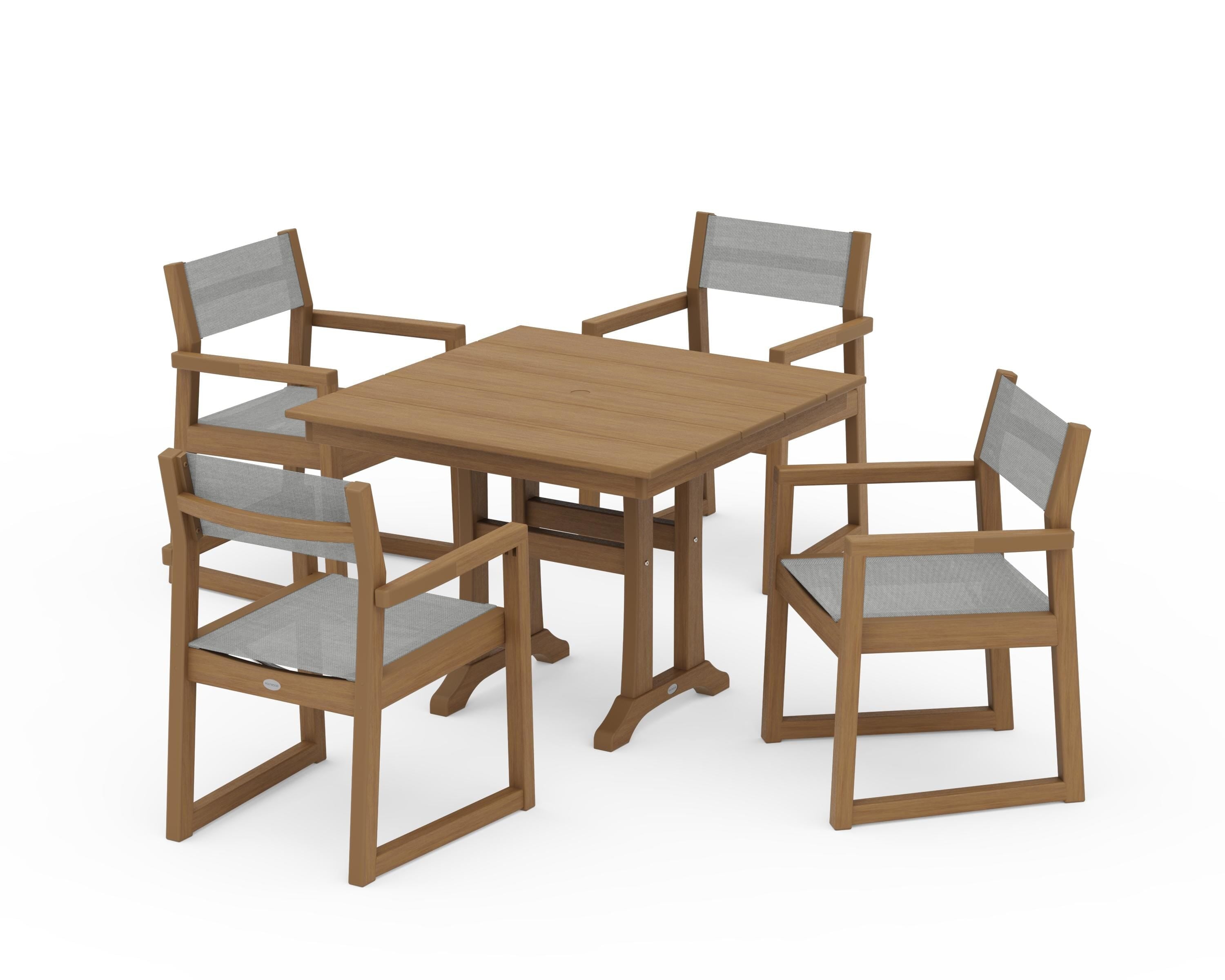 POLYWOOD EDGE Sling 5-Piece Farmhouse Dining Set with Trestle Legs in Natural / Metallic Sling