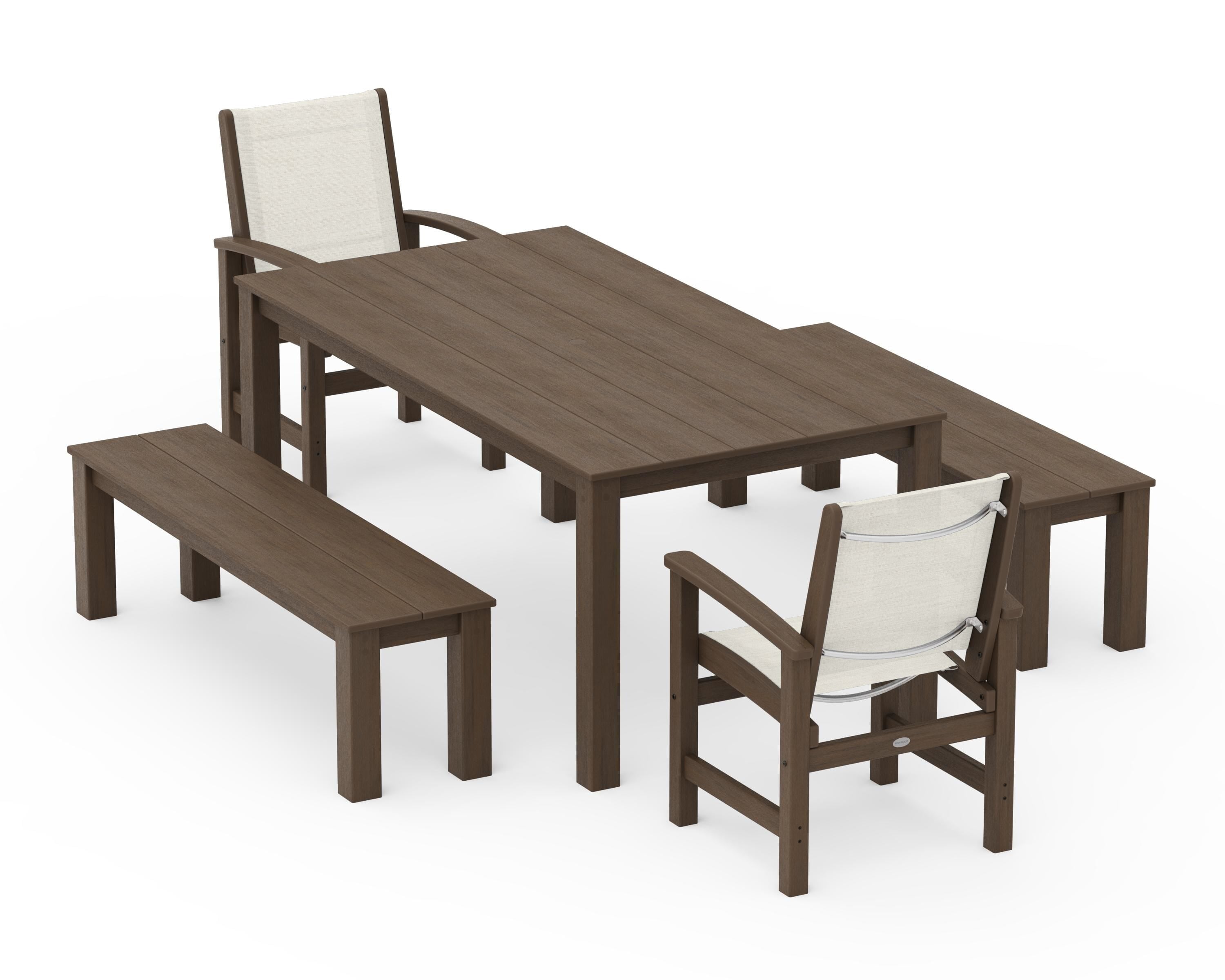 POLYWOOD Coastal 5-Piece Parsons Dining Set with Benches in Kona / Parchment Sling