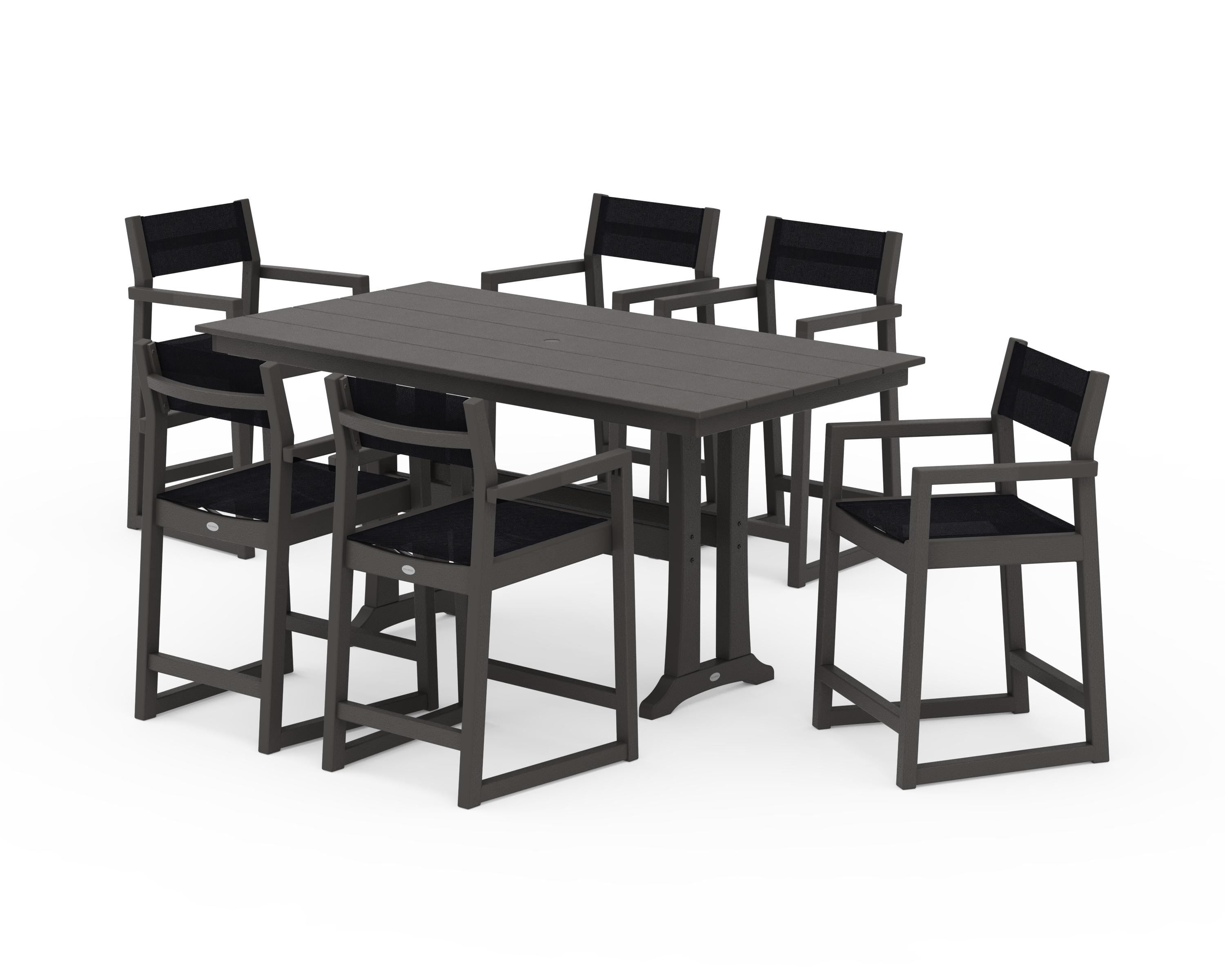 POLYWOOD EDGE Sling Arm Chair 7-Piece Farmhouse Counter Set with Trestle Legs in Vintage Coffee / Black Sling