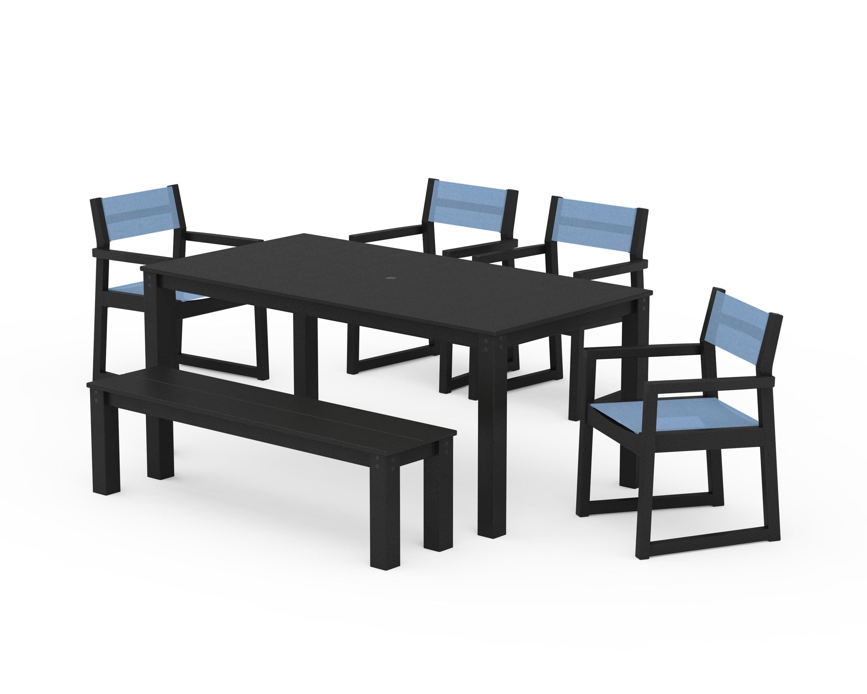 POLYWOOD EDGE Sling Arm Chair 6-Piece Parsons Dining Set with Bench in Black / Poolside Sling