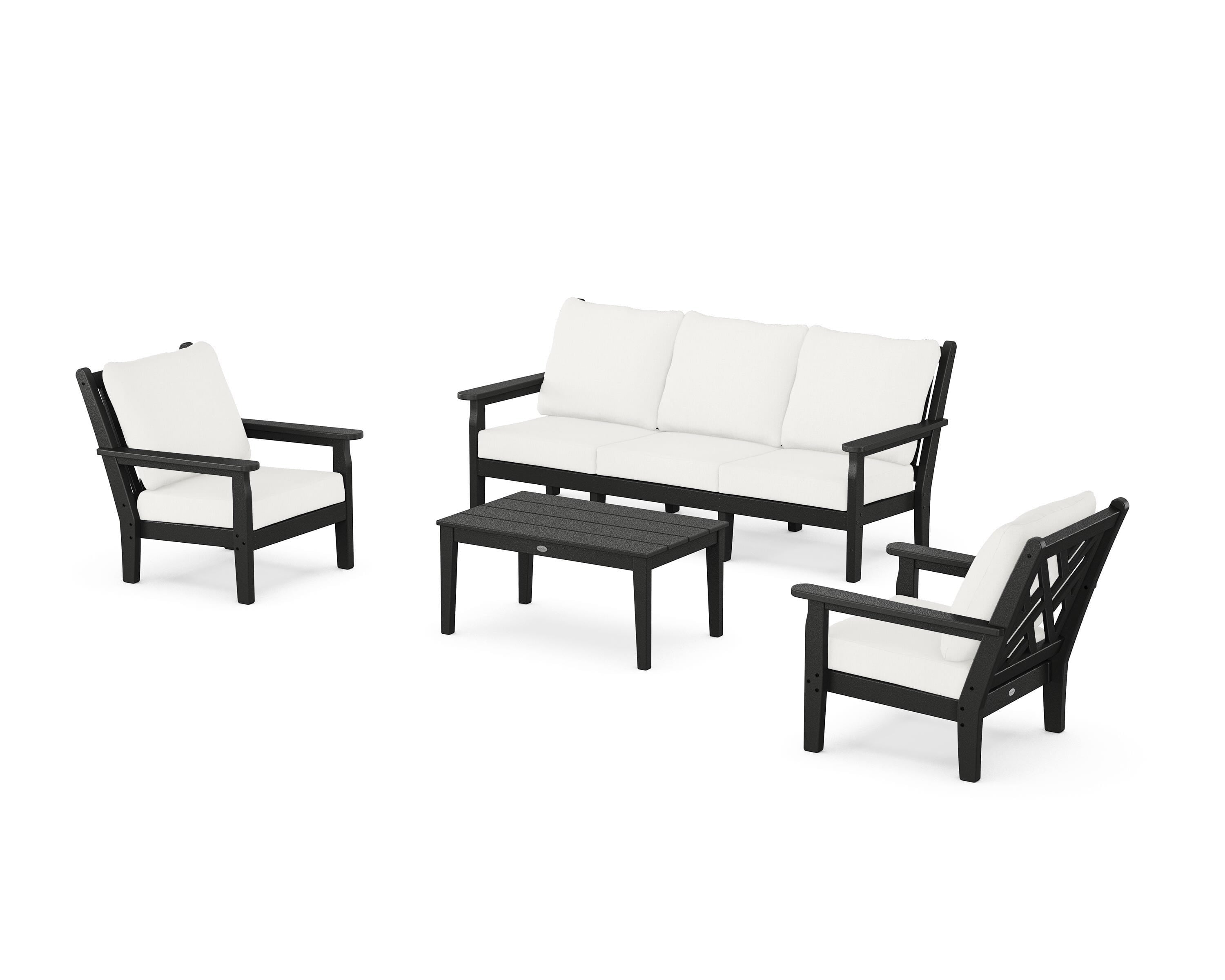POLYWOOD Chippendale 4-Piece Deep Seating Set with Sofa in Black / Natural Linen