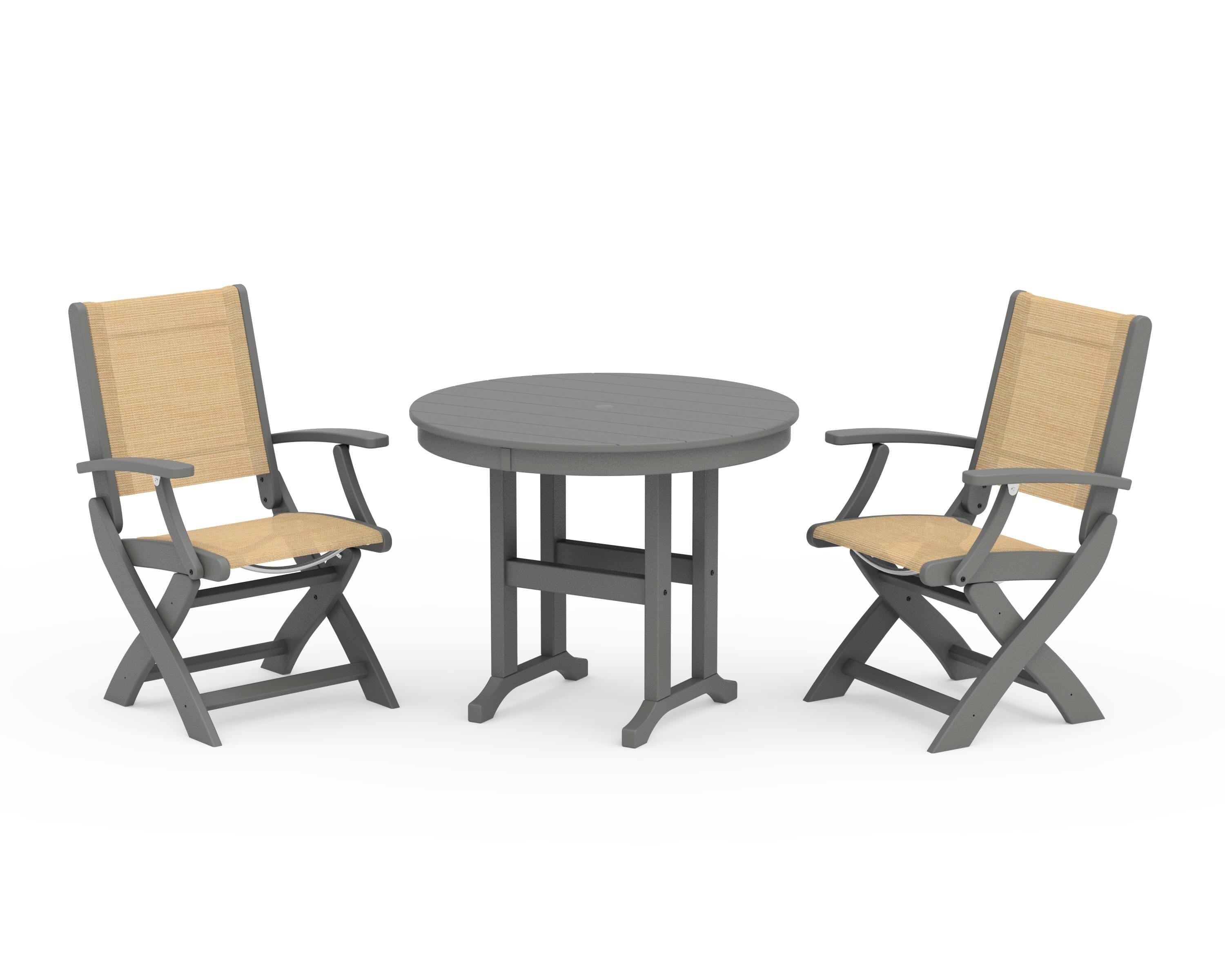 POLYWOOD Coastal Folding Chair 3-Piece Round Dining Set in Slate Grey / Dupioni Apricot Sling